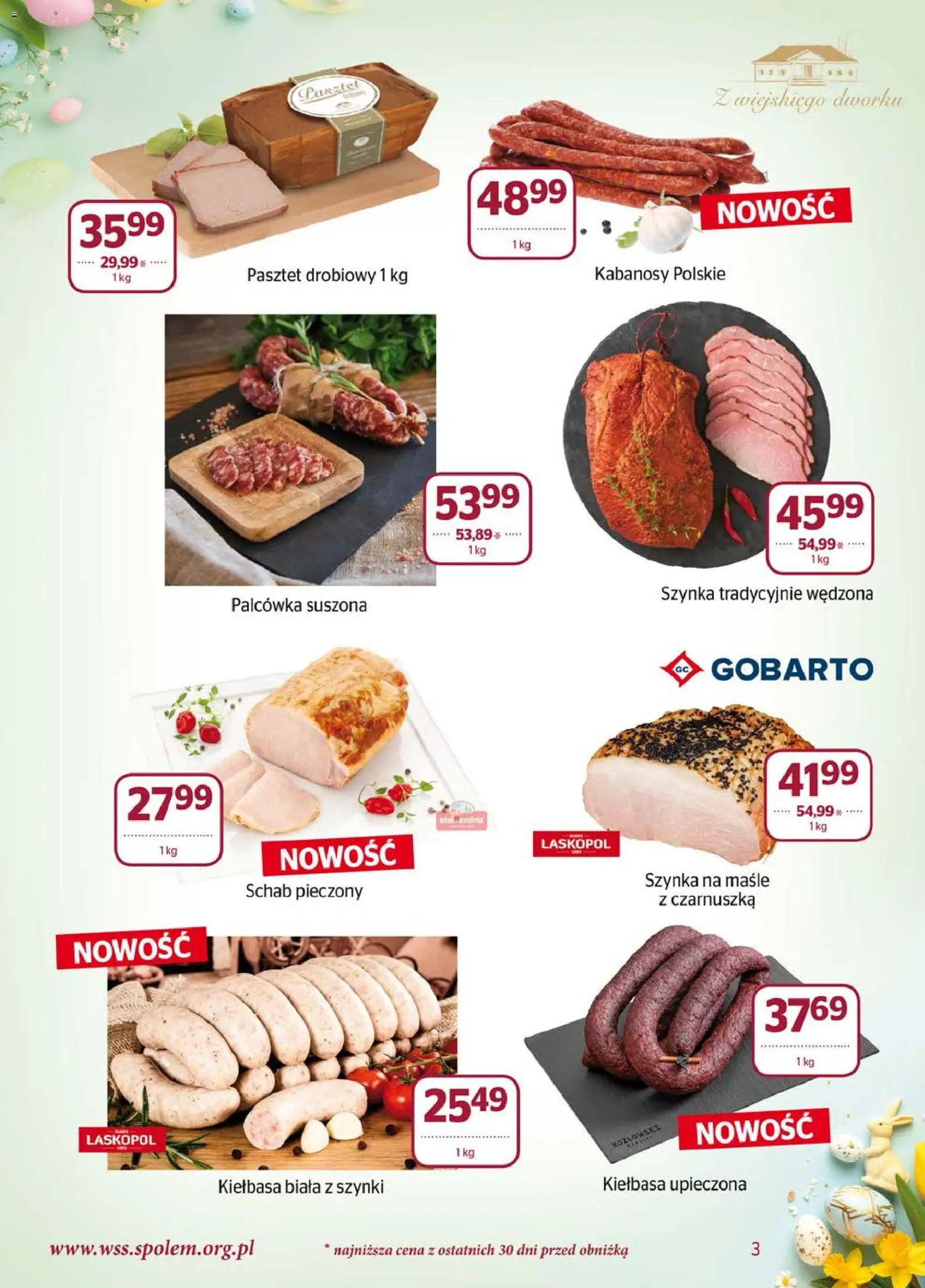 Społem gazetka od 01.03.2026 | Strona: 3 | Produkty: Kiełbasa, Szynka, Kiełbasa biała z szynki, Schab pieczony