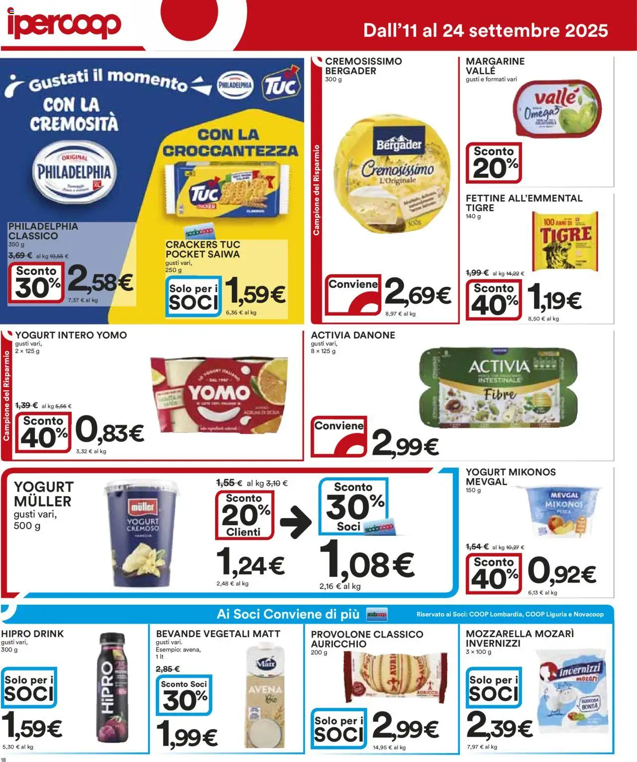Volantino Ipercoop del 11.09.2025 | Pagina: 18 | Prodotti: Provolone, Yogurt, Mozzarella, Crackers