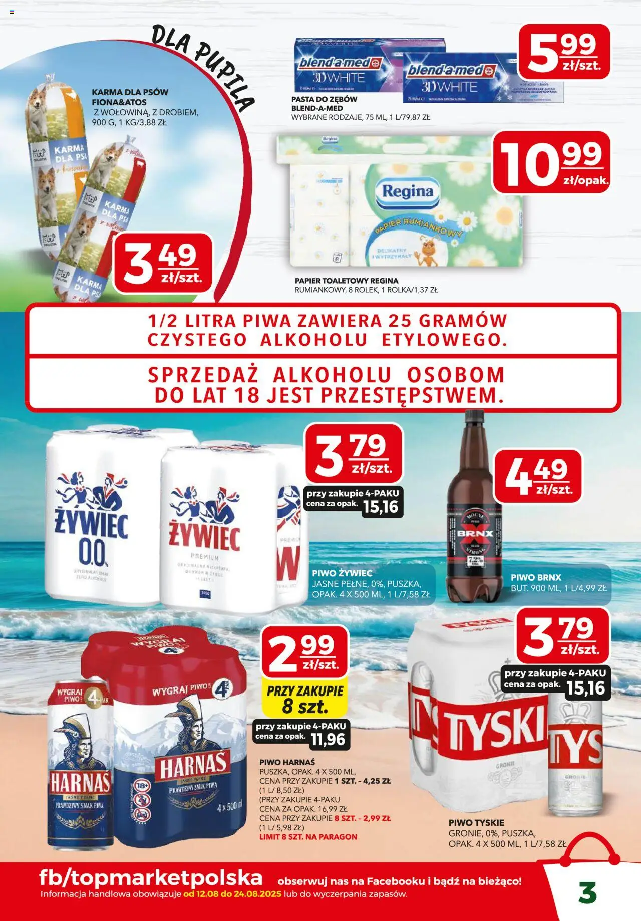 Top Market Gazetka mini od 12.08.2025 | Strona: 3 | Produkty: Papier toaletowy, Harnaś, Karma dla psa, Piwo