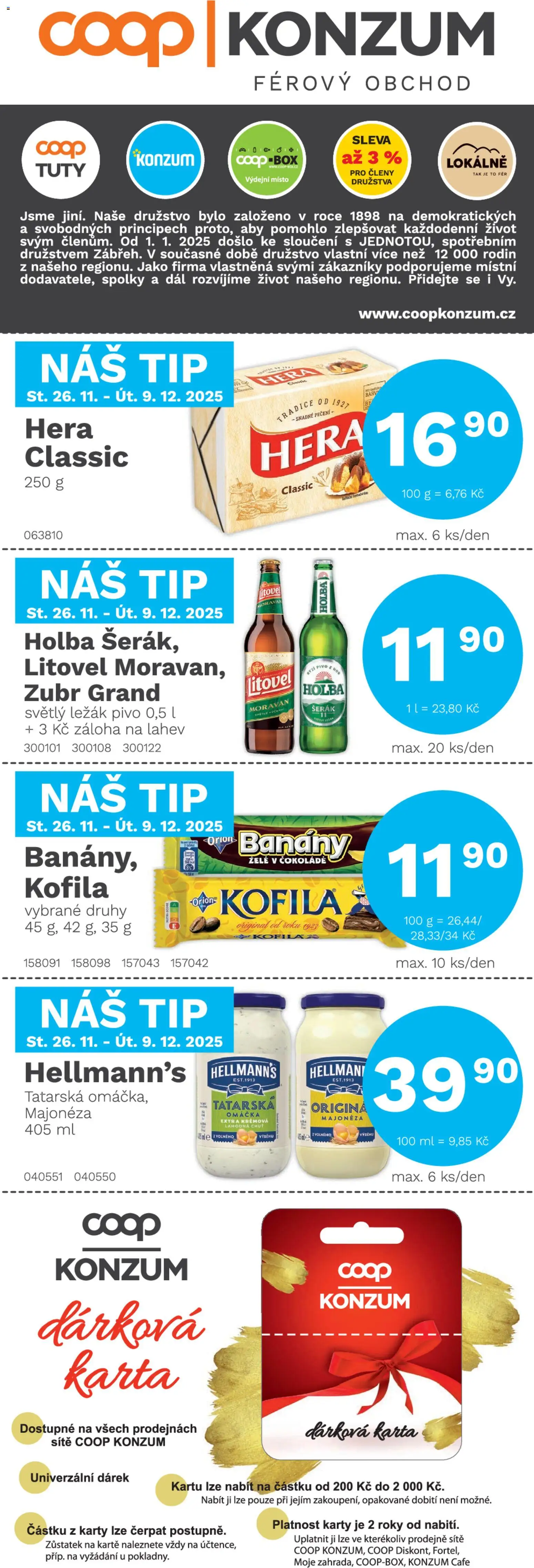 Konzum leták od 26.11.2025 | Strana: 1 | Produkty: Hera, Karty, Barvy, Láhev