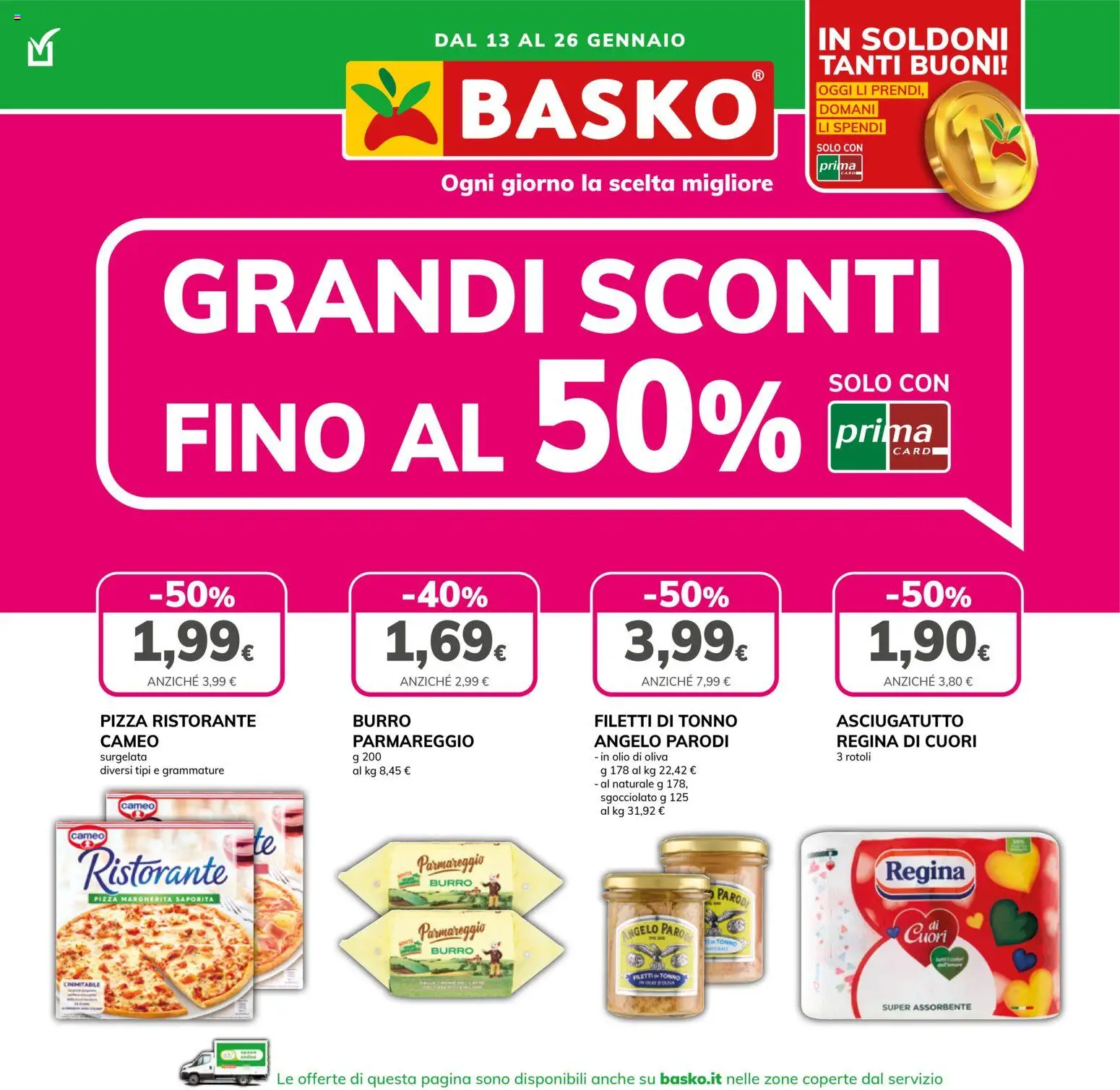 Volantino Basko del 13.01.2026 | Pagina: 1 | Prodotti: Pizza, Olio, Burro, Tonno