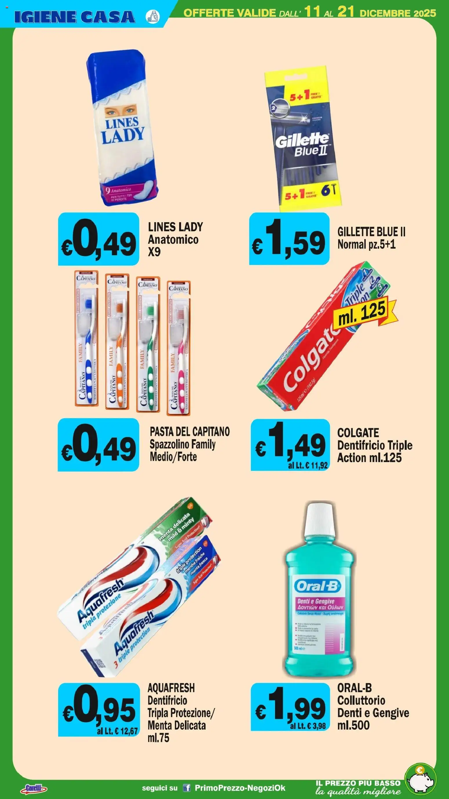 Volantino Primo Prezzo del 11.12.2025 | Pagina: 25 | Prodotti: Dentifricio, Spazzolino, Pasta, Menta