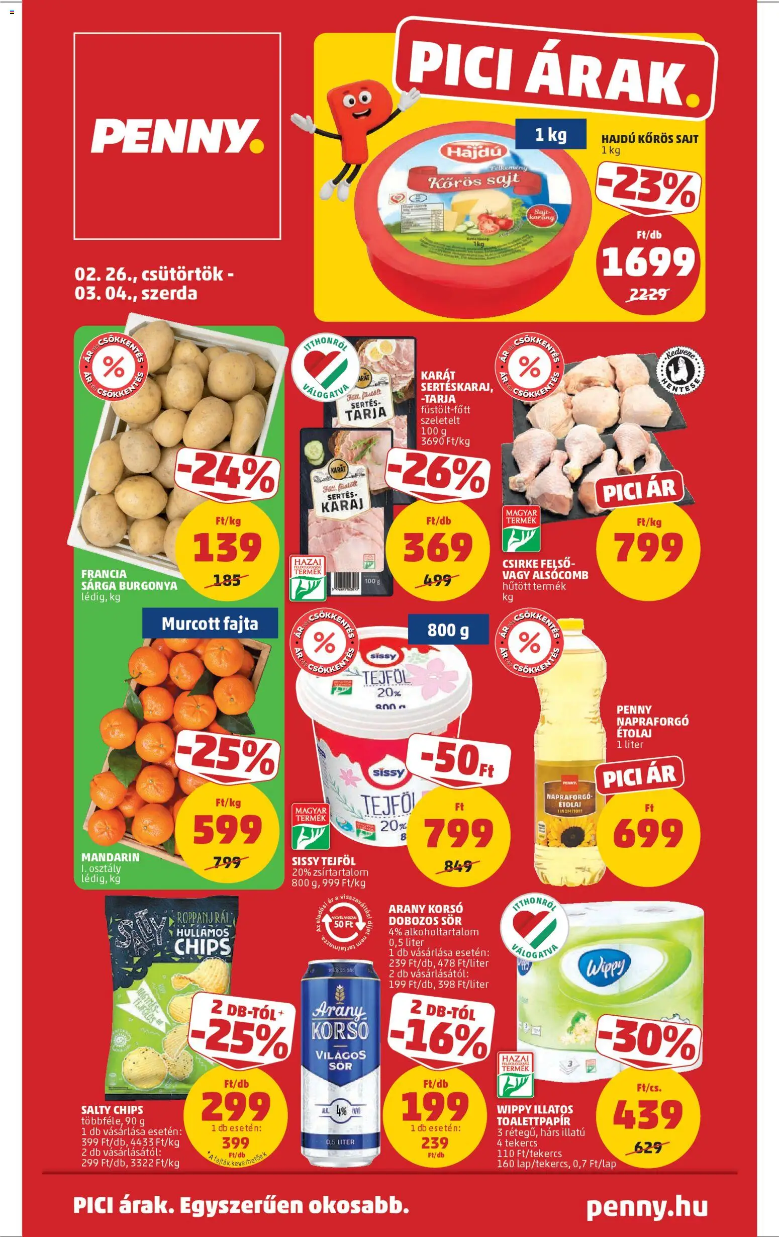 PENNY akciós ujság - amely érvényes a következő dátumtól: 26.02.2026 | Oldal: 1 | Termékek: Burgonya, Sajt, Mandarin, Só