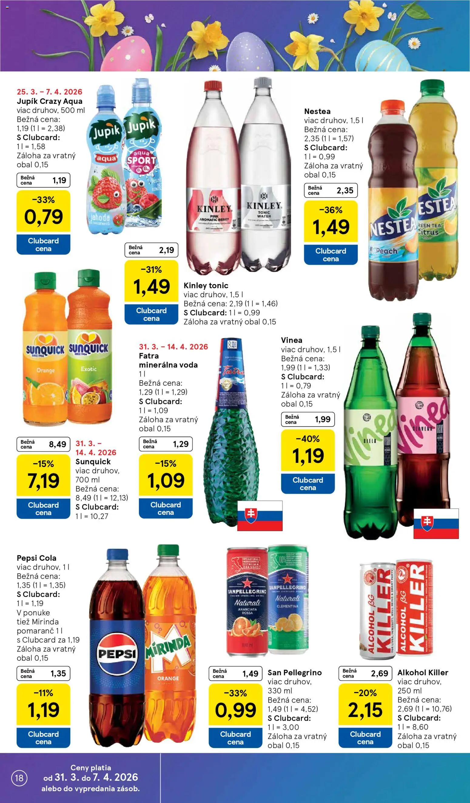 Nové Tesco akcie – leták je platný od 31.03.2026 | Strana: 18 | Produkty: Voda, Mirinda, Alkohol, Vinea