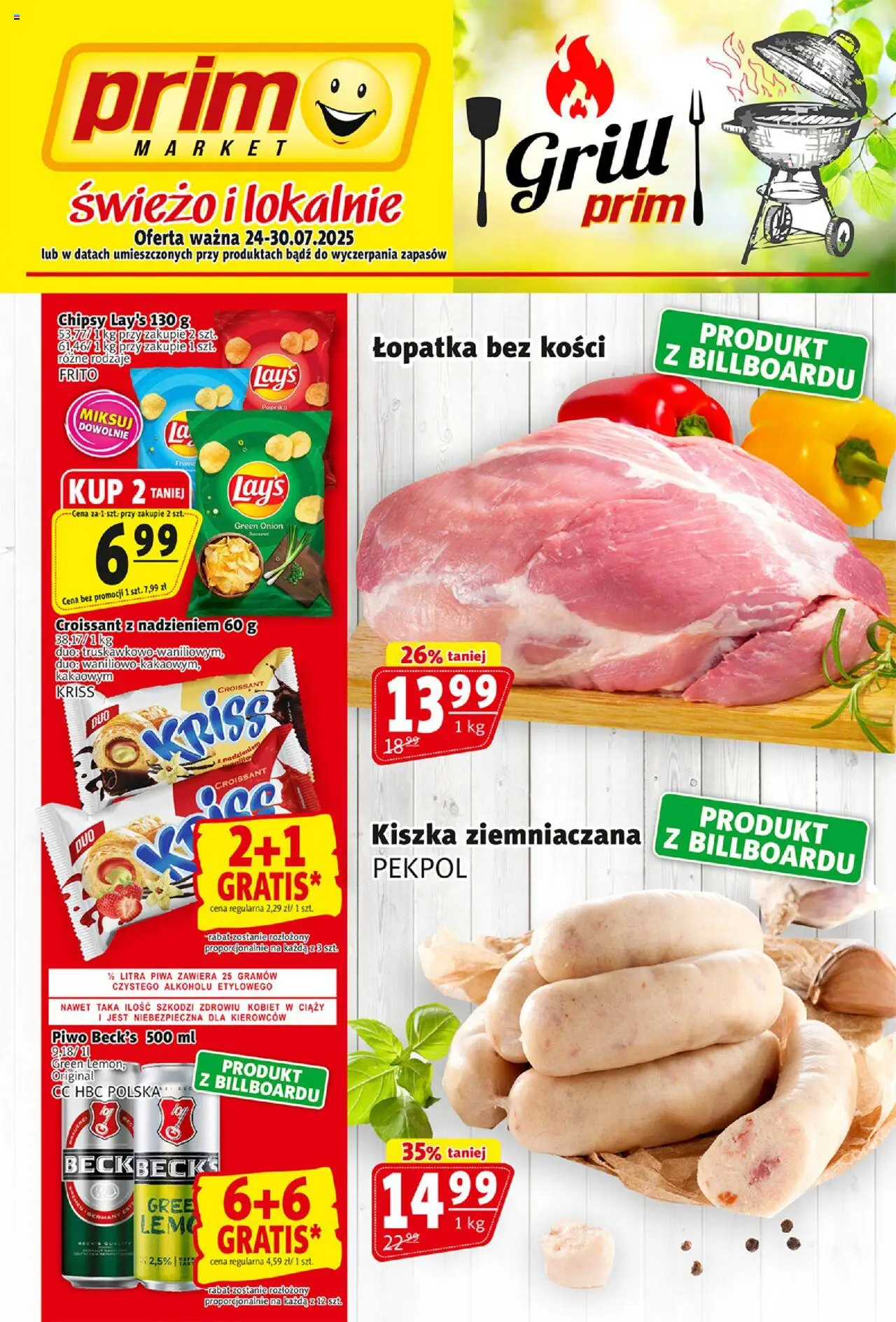 Prim Market Gazetka od 24.07.2025 | Strona: 1 | Produkty: Chipsy, Kiszka ziemniaczana, Piwo