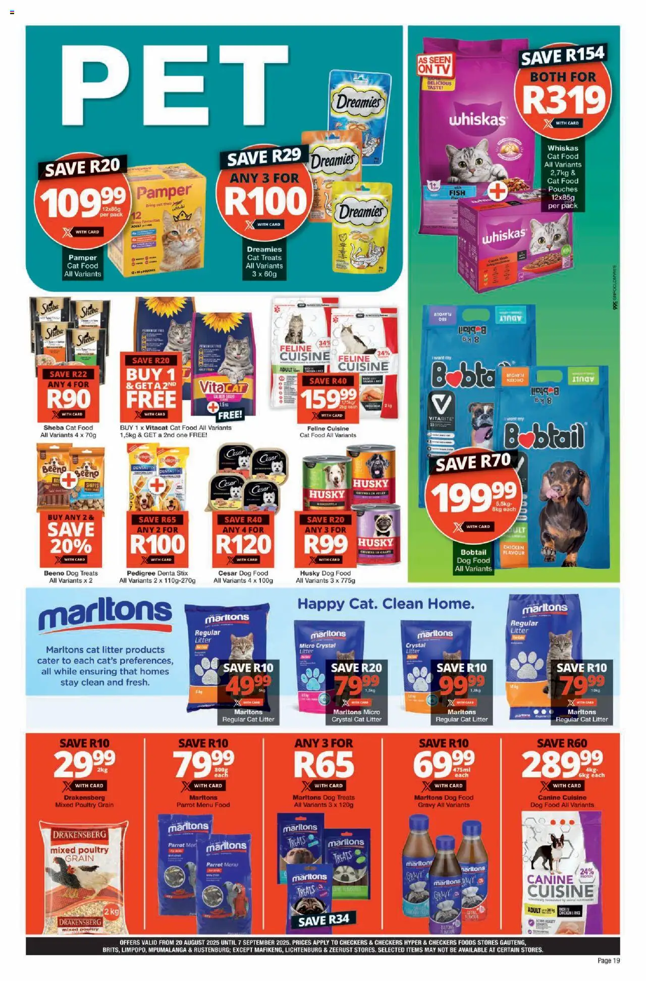 Checkers Gauteng - August Month-End Promotion │ valid from 20.08.2025 | Page: 19 | Products: Limpiador íntimo, Rice, Gravy, Cat food