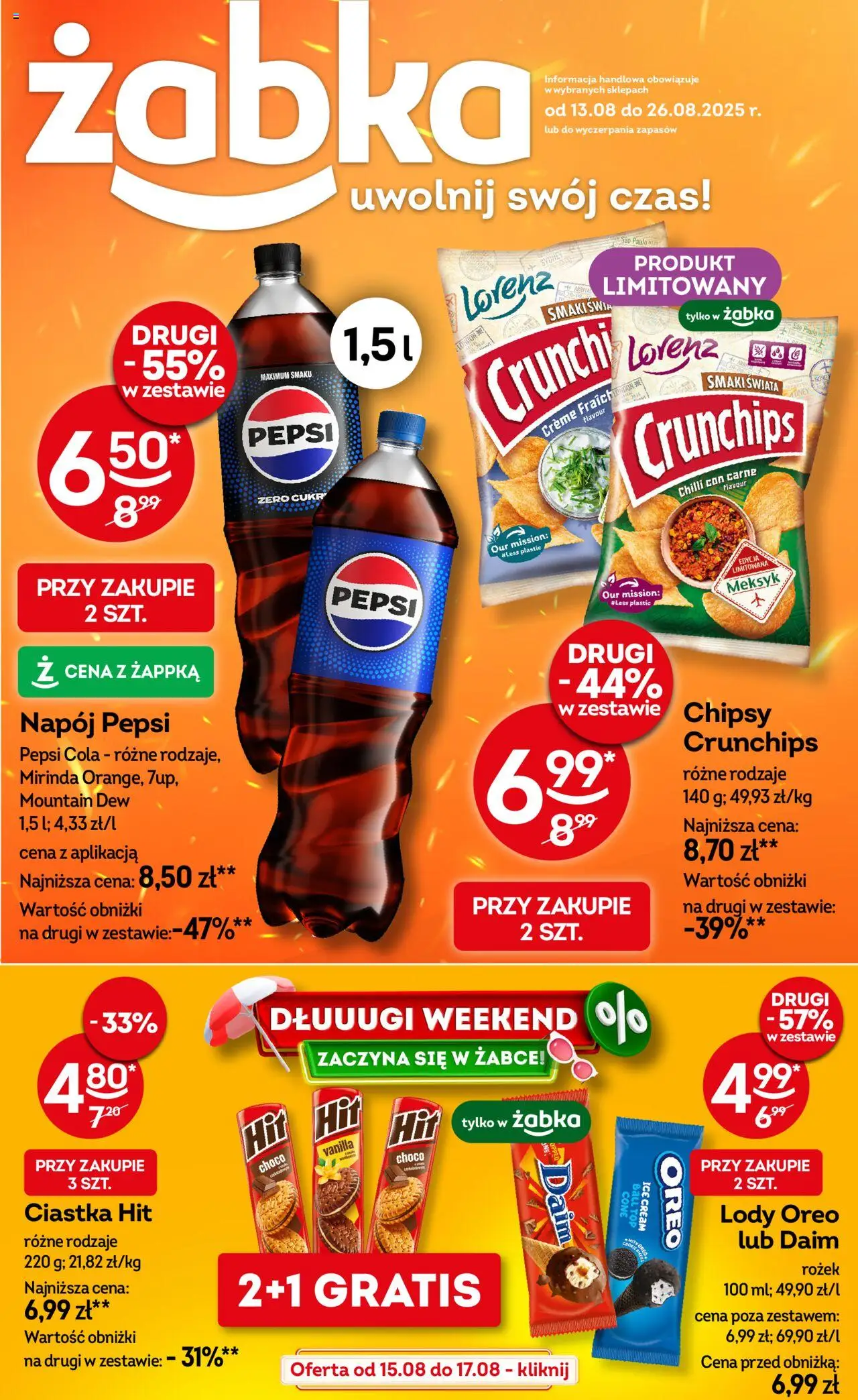 Żabka Gazetka od 13.08.2025 | Strona: 1 | Produkty: Top, Pepsi, Ciastka, Lody