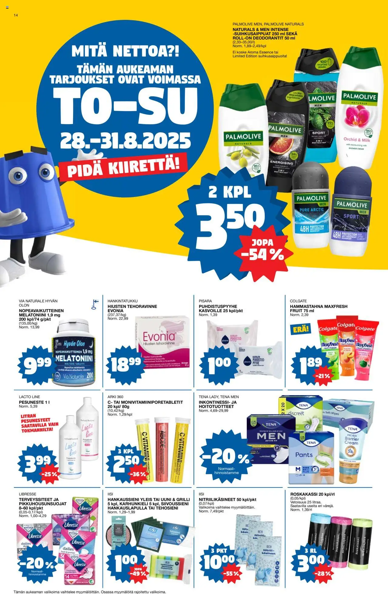  | Sivu: 14 | Tuotteet: Pyyhe, Hammastahna, Pesuneste, Käsineet