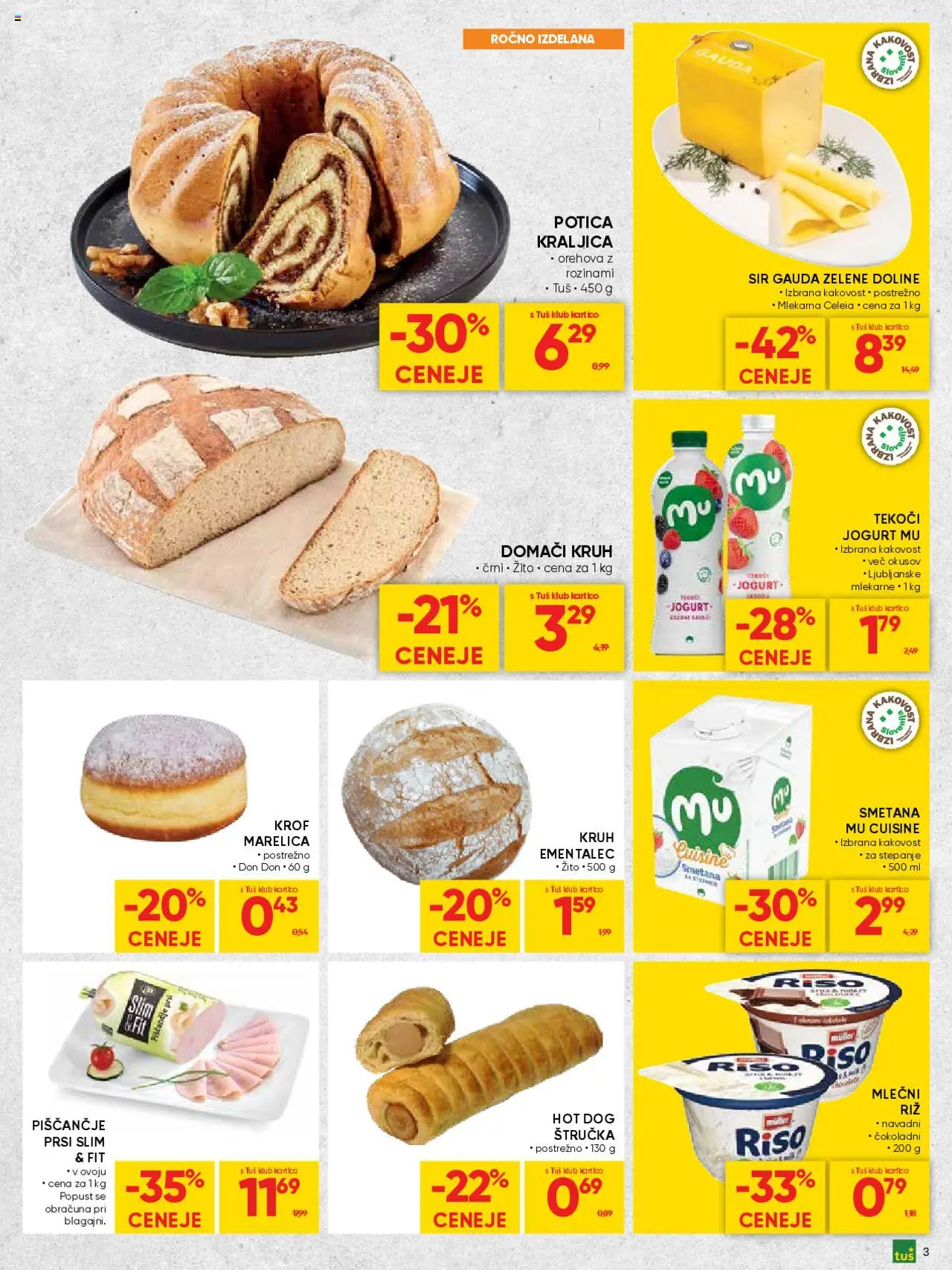 Novi Tuš katalog ponudbe – veljaven od 08.10.2025 | Stran: 3 | Izdelki: Gauda, Ementalec, Jogurt, Kruh