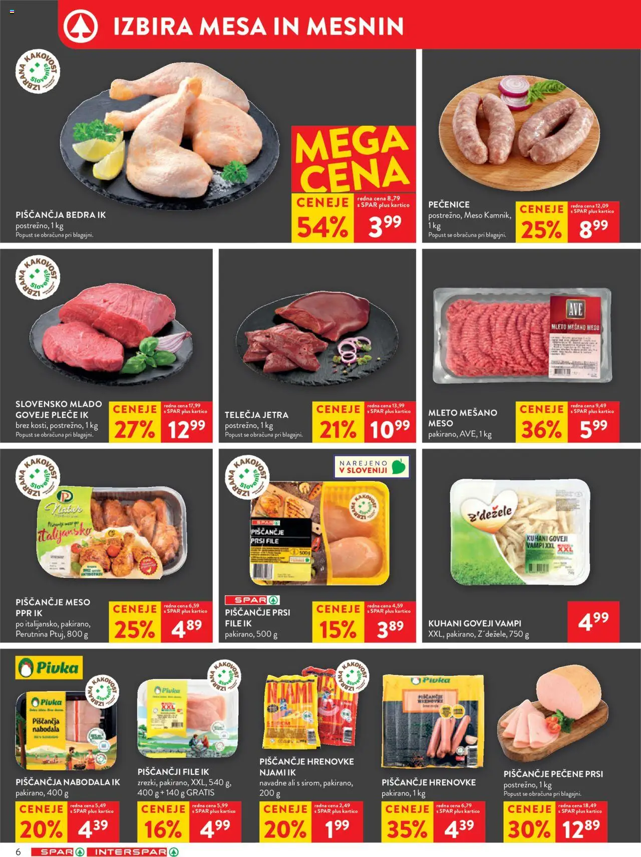 Novi Spar katalog ponudbe – veljaven od 08.10.2025 | Stran: 6 | Izdelki: Hrenovke, Piščančja bedra, Nabodala, Piscancje meso
