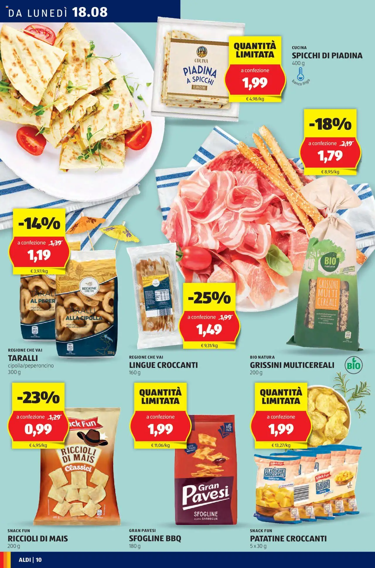 Volantino Aldi del 18.08.2025 | Pagina: 10 | Prodotti: Patatine, Barbecue, Piadina, Taralli