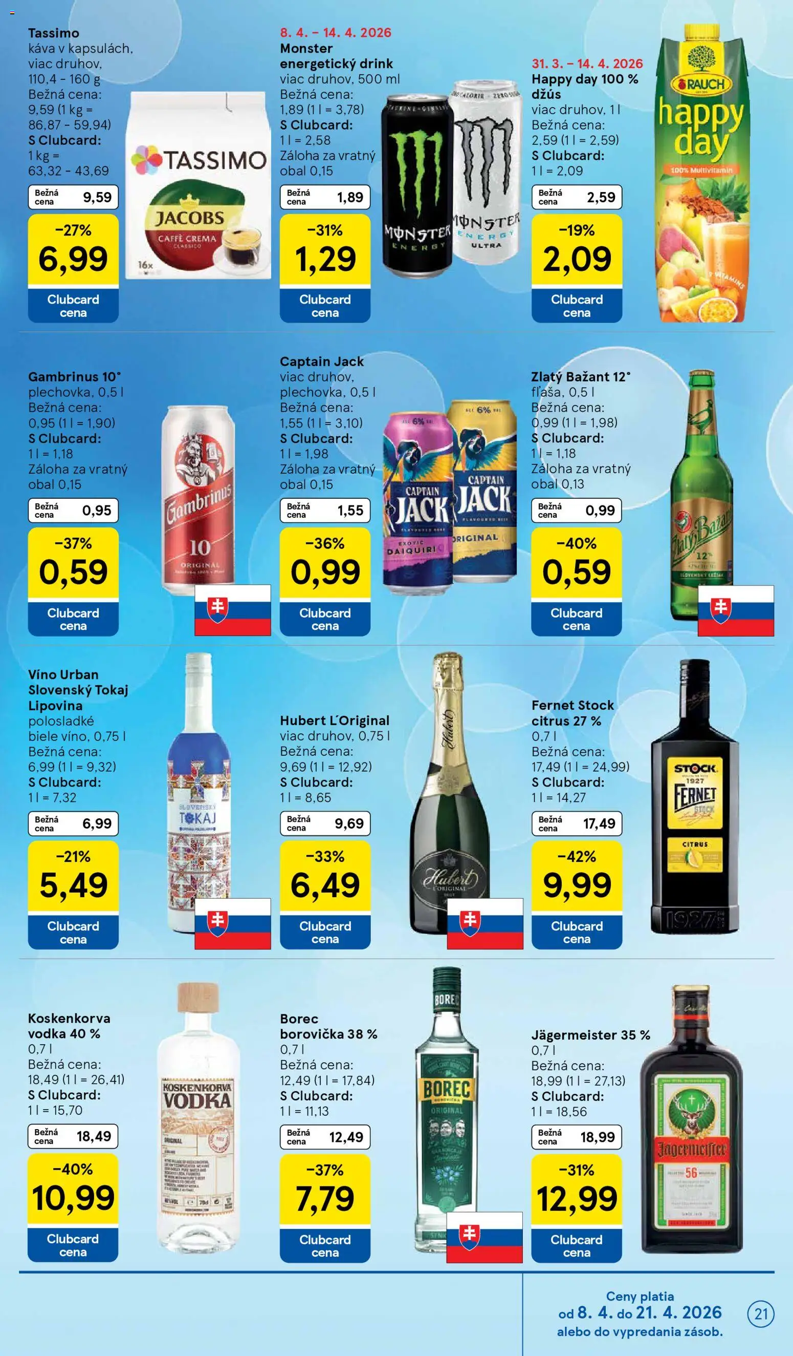 Nové Tesco akcie – leták je platný od 08.04.2026 | Strana: 21 | Produkty: Jägermeister, Džús, Fernet, Gambrinus