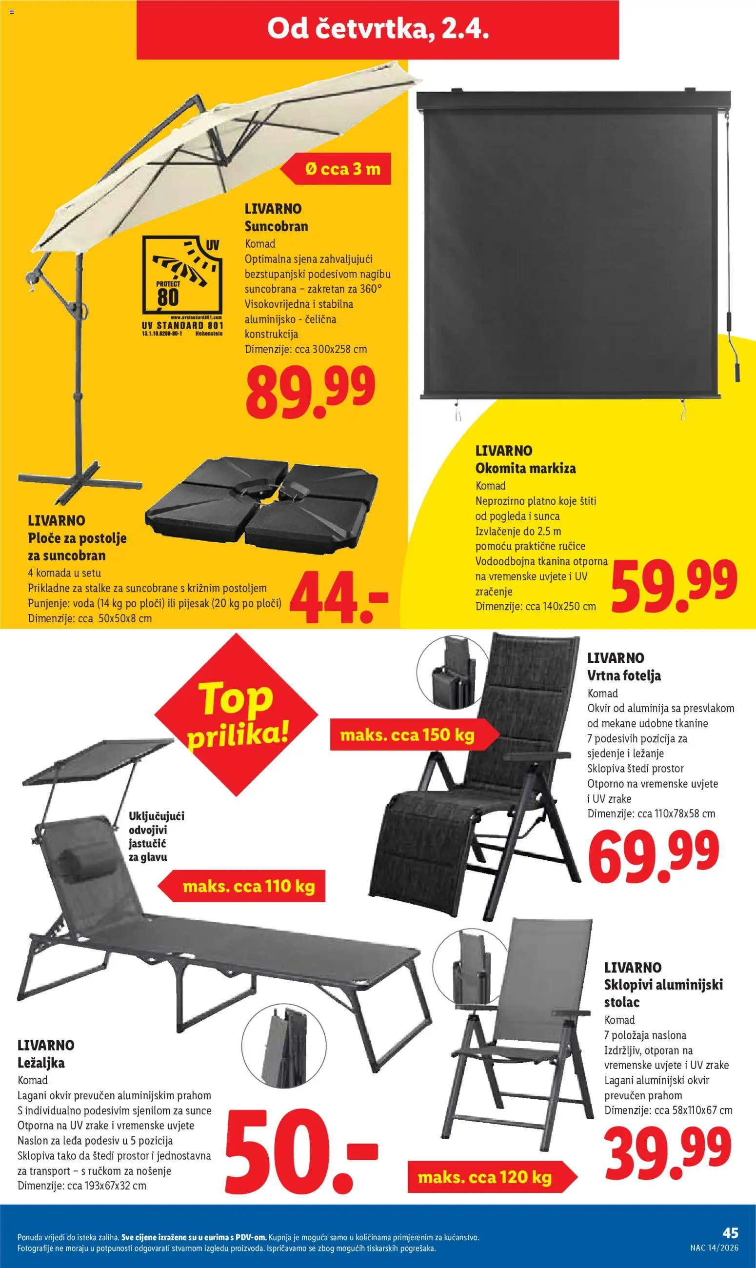 Lidl katalog | vrijedi od 30.03.2026 | Stranica: 45 | Proizvodi: Fotelja, Ležaljka, Voda, Suncobran