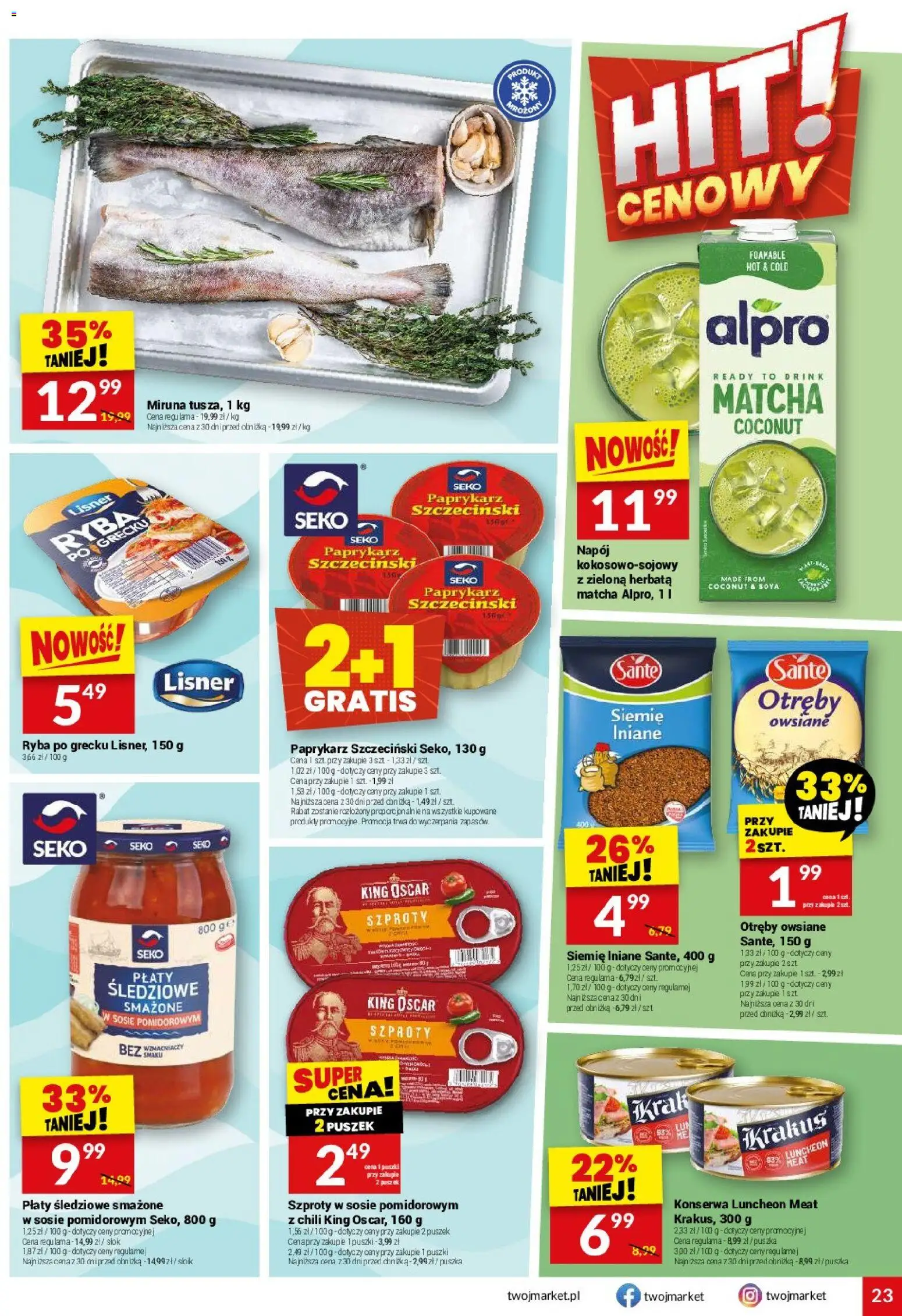 Twój Market gazetka od 22.04.2026 | Strona: 23 | Produkty: Miruna, Paprykarz szczeciński, Otręby owsiane, Ryba