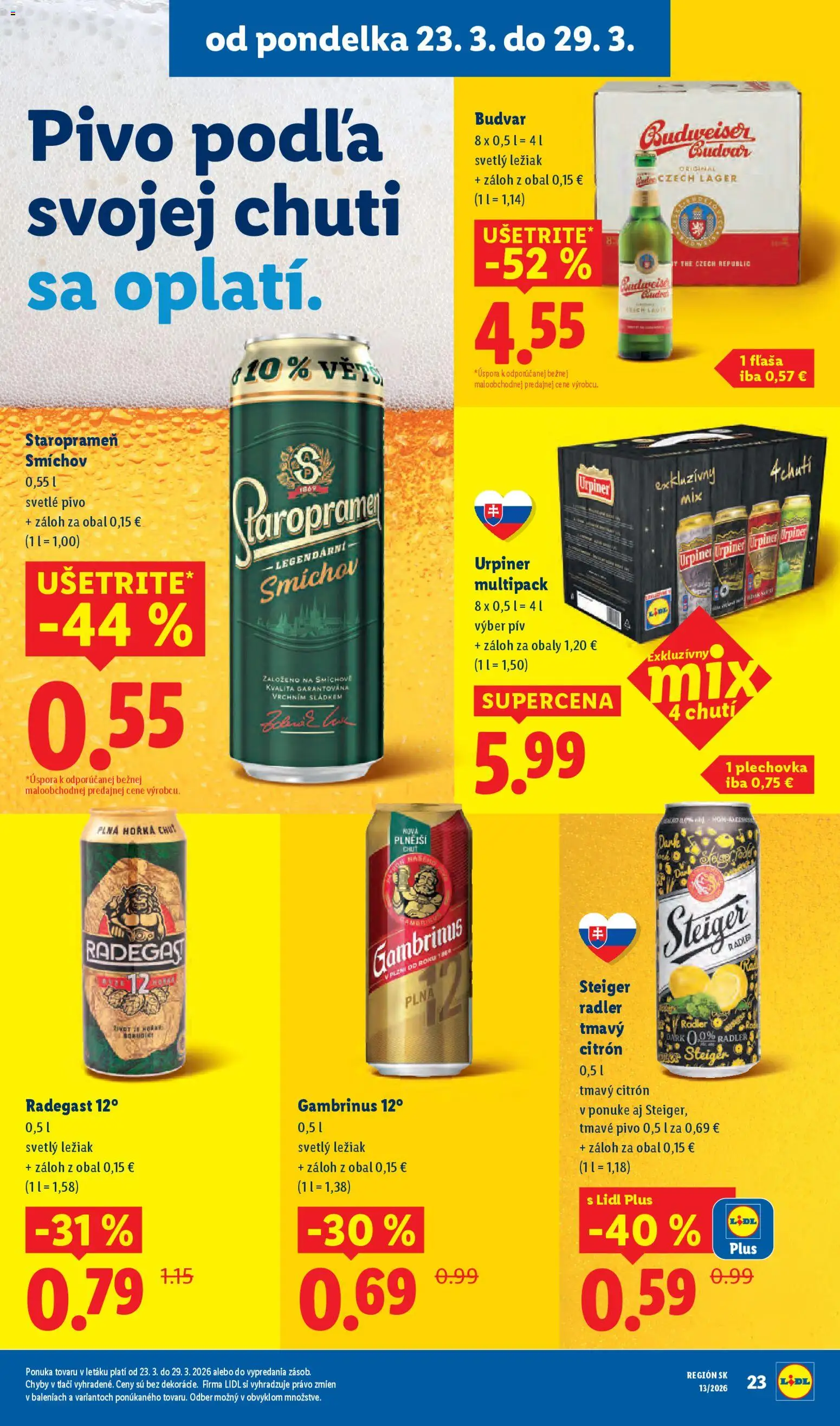 Nové Lidl akcie – leták je platný od 23.03.2026 | Strana: 30 | Produkty: Pivo, Radler, Budvar, Staropramen