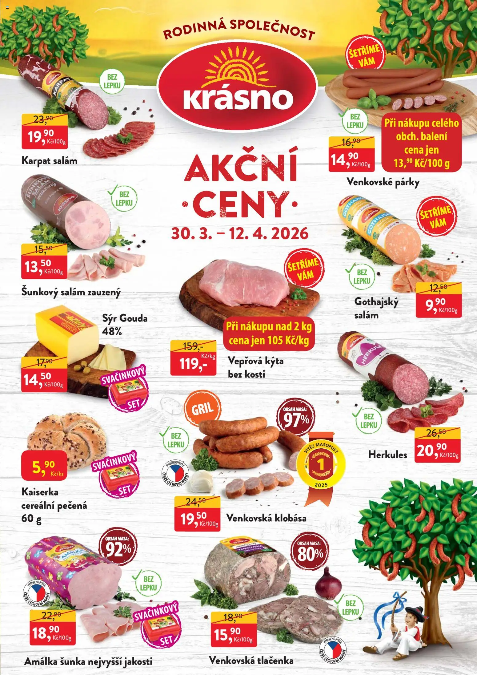 MP Krásno leták od 30.03.2026 | Strana: 1 | Produkty: Kaiserka, Salám, Šunka, Klobása