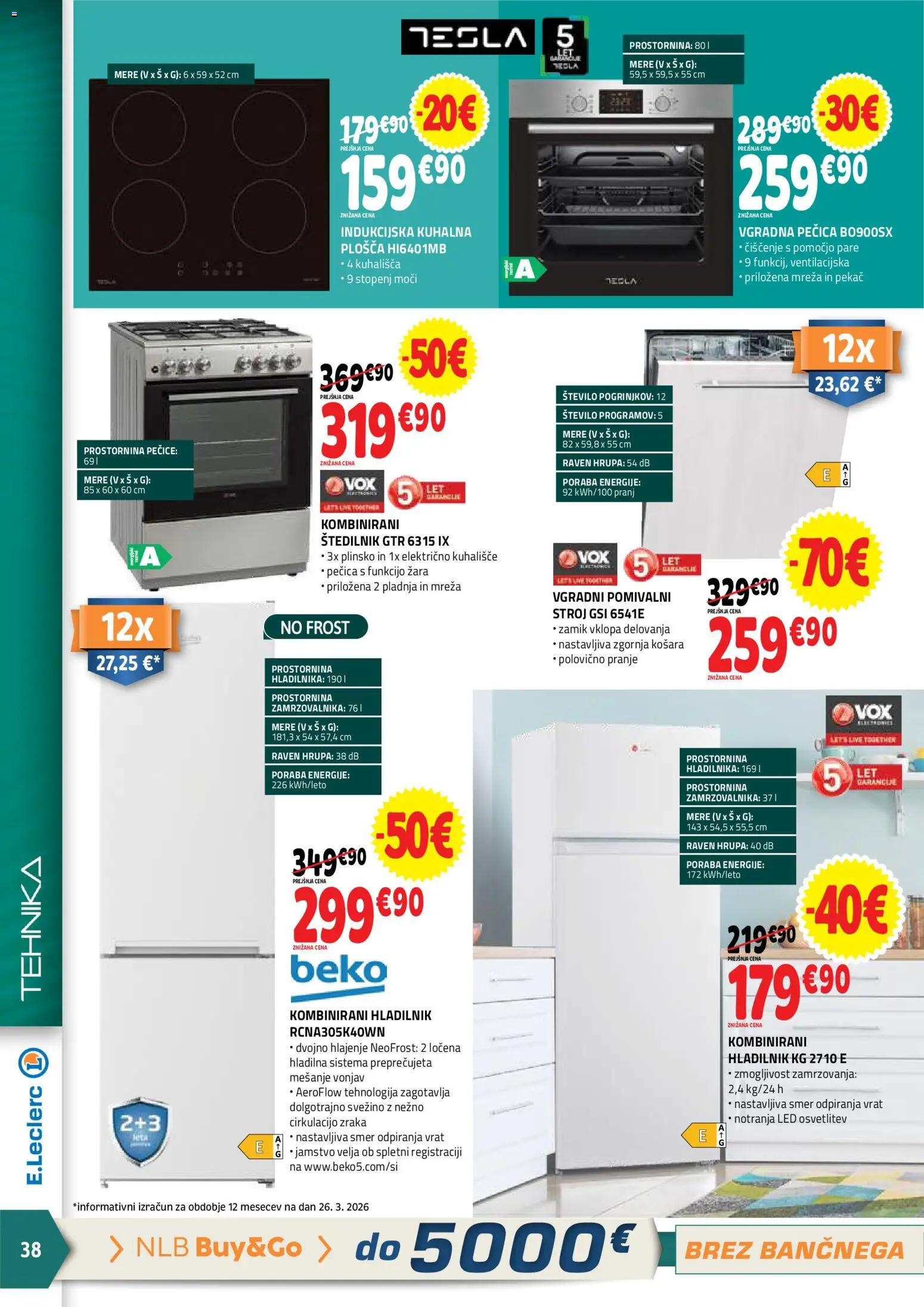 Novi E.leclerc katalog ponudbe – veljaven od 08.04.2026 | Stran: 38 | Izdelki: Pecica, Košara, Vgradna pečica, Štedilnik