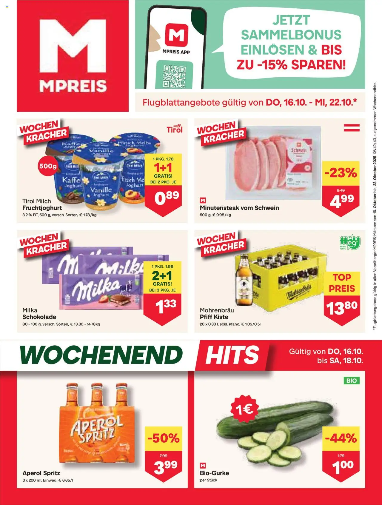 MPREIS Hohenems gültig ab 16.10.2025 | Seite: 1 | Produkte: Pfirsich, Milch, Joghurt, Schokolade