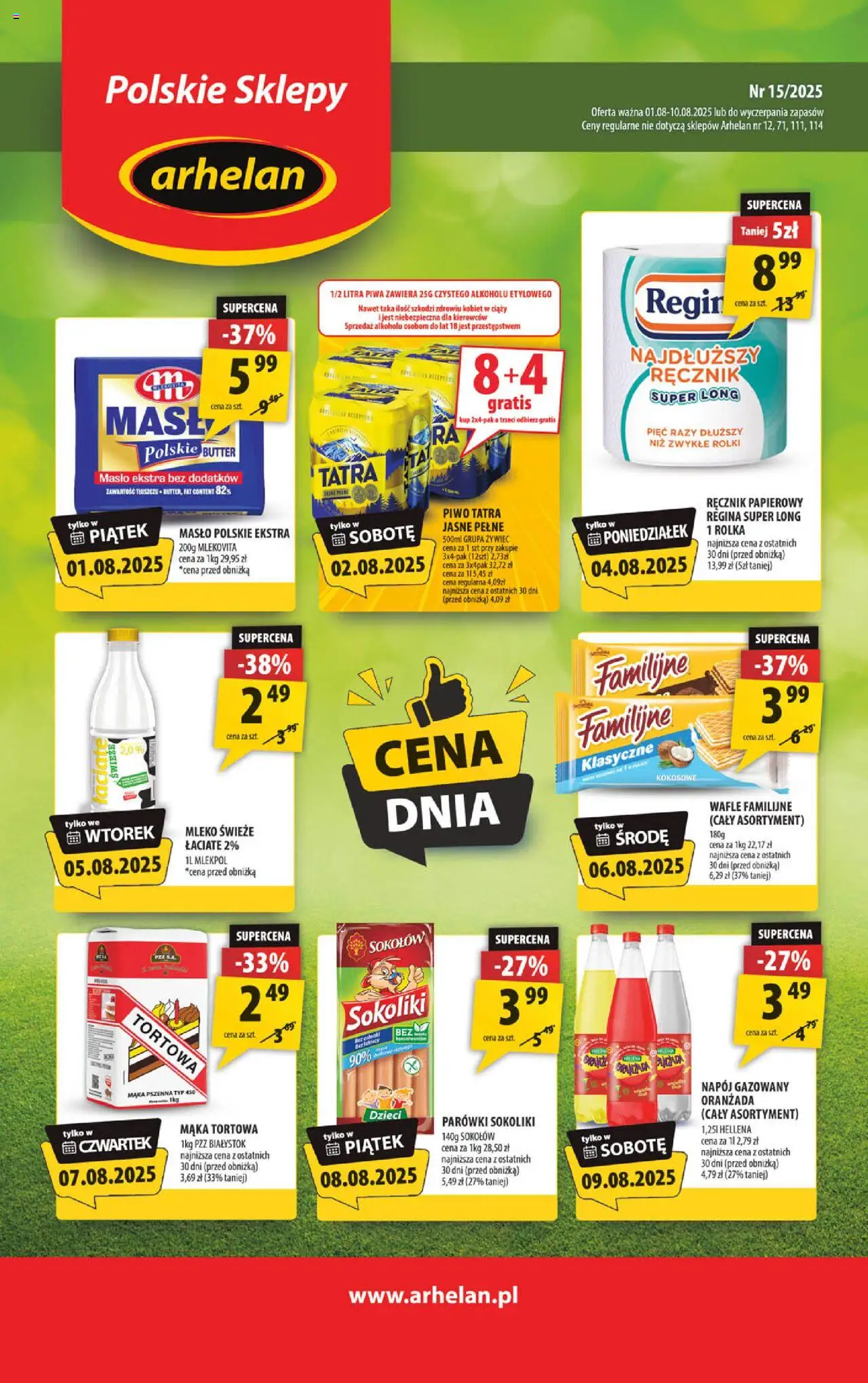 Arhelan Gazetka od 01.08.2025 | Strona: 1 | Produkty: Masło Polskie, Rolki, Parówki, Mleko
