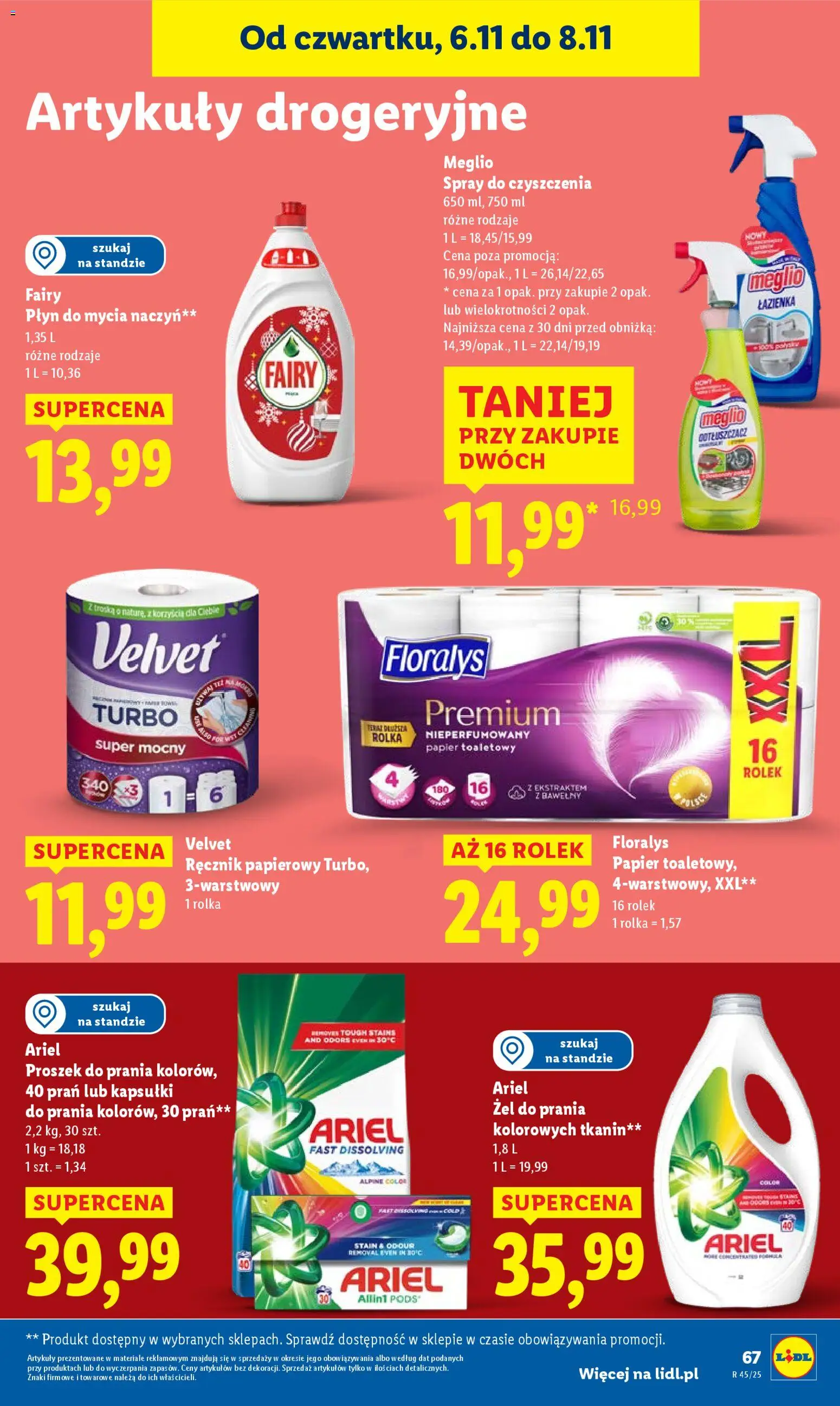 Lidl Gazetka od 06.11.2025 | Strona: 69 | Produkty: Meglio, Ariel, Ręcznik papierowy, Płyn do mycia naczyń