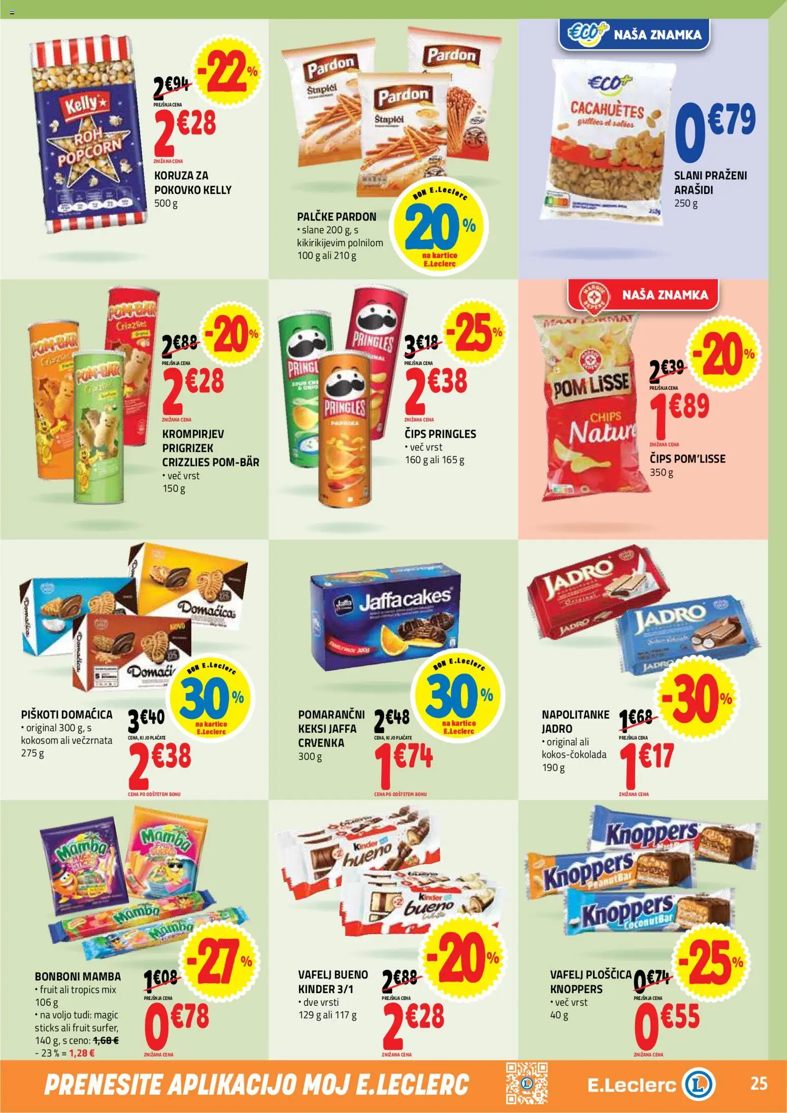 Novi E.leclerc katalog ponudbe – veljaven od 29.04.2026 | Stran: 25 | Izdelki: Napolitanke, Koruza, Bonboni, Cips