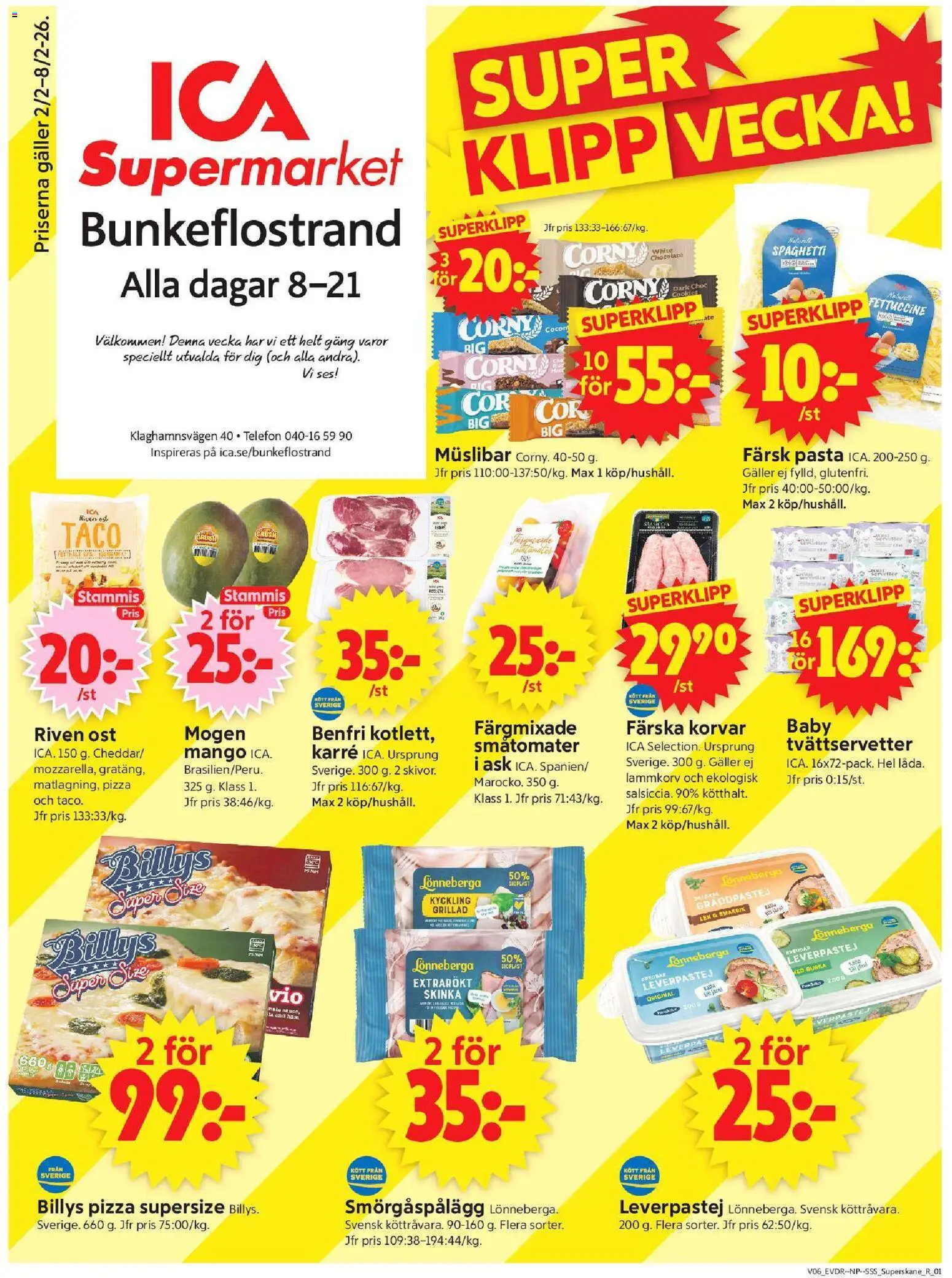 ICA Supermarket reklamblad aktuell från 02.02.2026 | Sida: 1 | Produkter: Riven ost, Smörgåspålägg, Skinka, Pasta