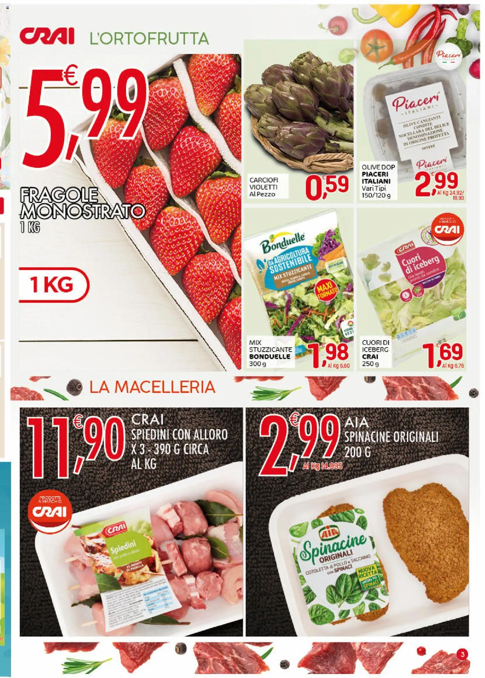 Volantino CRAI del 26.03.2026 | Pagina: 3 | Prodotti: Olive, Spinaci, Carciofi, Spiedini