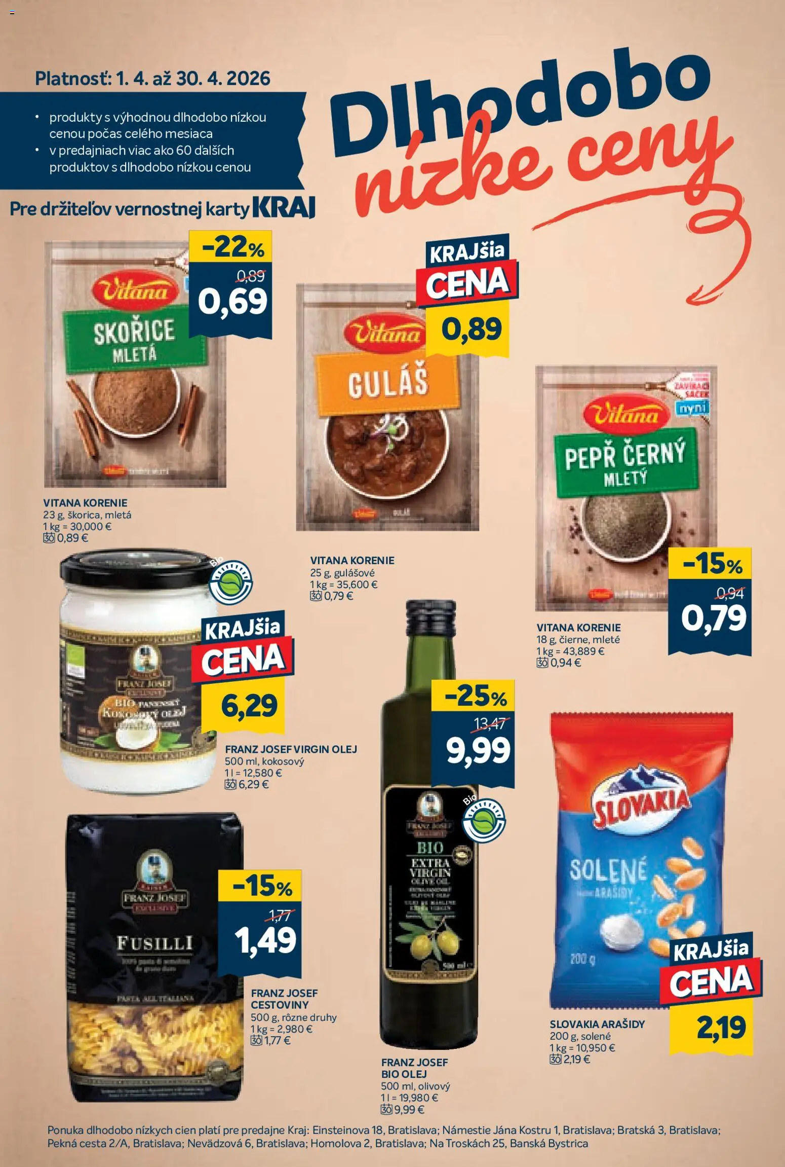 Nové Kraj akcie – leták je platný od 23.04.2026 | Strana: 17 | Produkty: Olej, Fusilli, Korenie, Arašidy