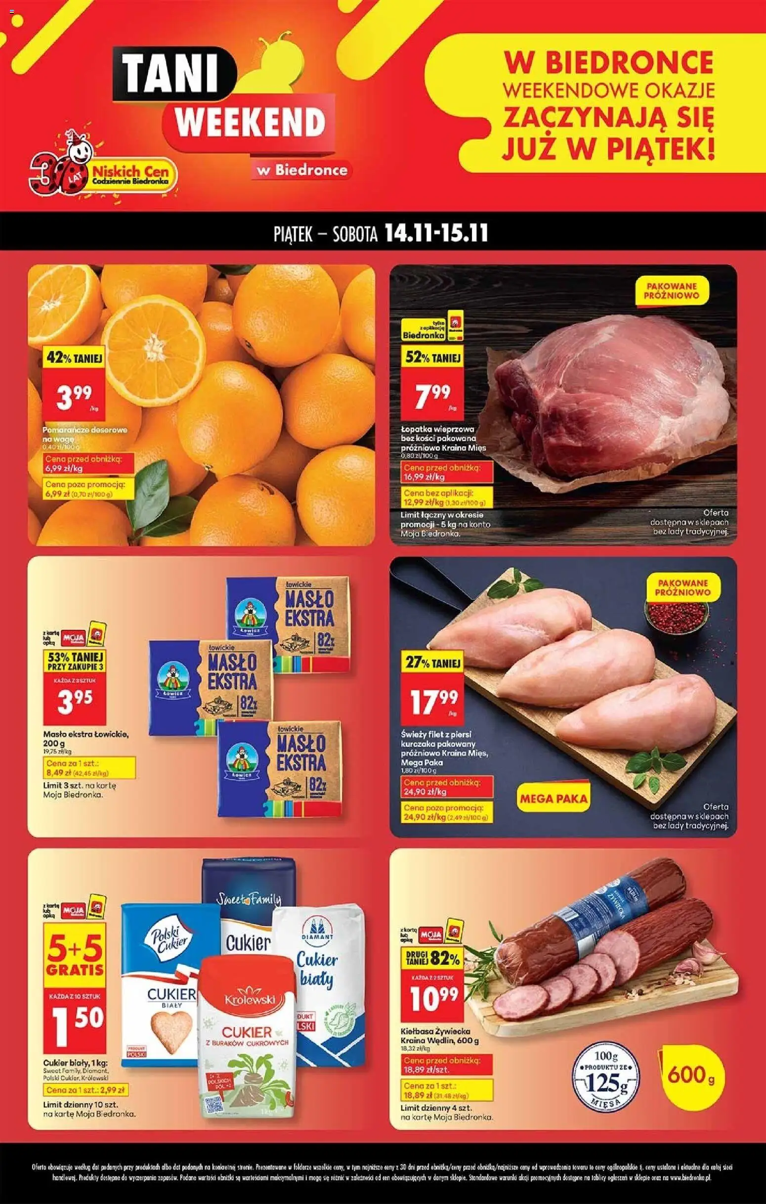 Biedronka gazetka - Tani weekend od 14.11.2025 | Strona: 1 | Produkty: Kiełbasa, Piersi, Kraina mięs, Cukier