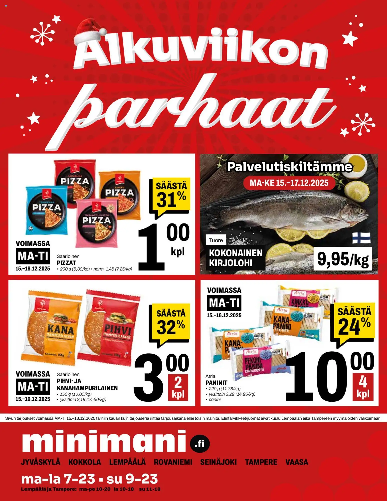 Minimani tarjoukset – voimassa 10.12.2025 alkaen | Sivu: 20 | Tuotteet: Kana, Kinkku, Pizza, Pihvi