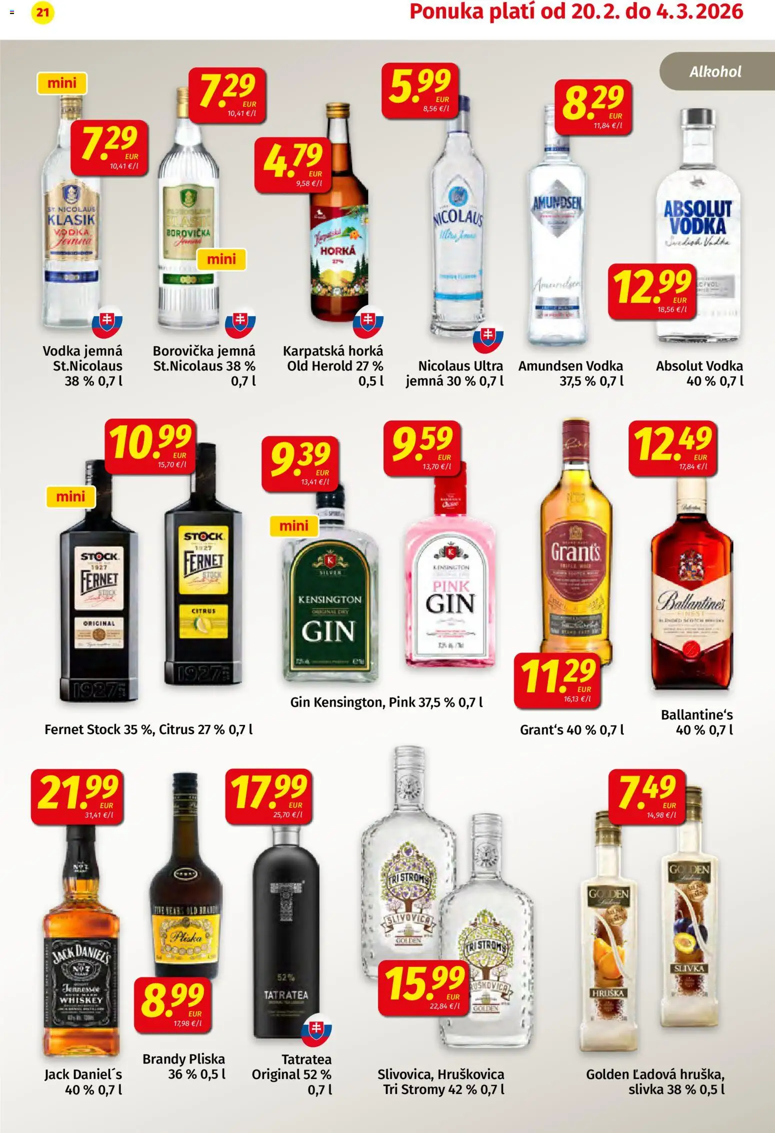 Nové Koruna akcie – leták je platný od 20.02.2026 | Strana: 21 | Produkty: Borovička, Fernet Stock, Amundsen vodka, Jack Daniel's
