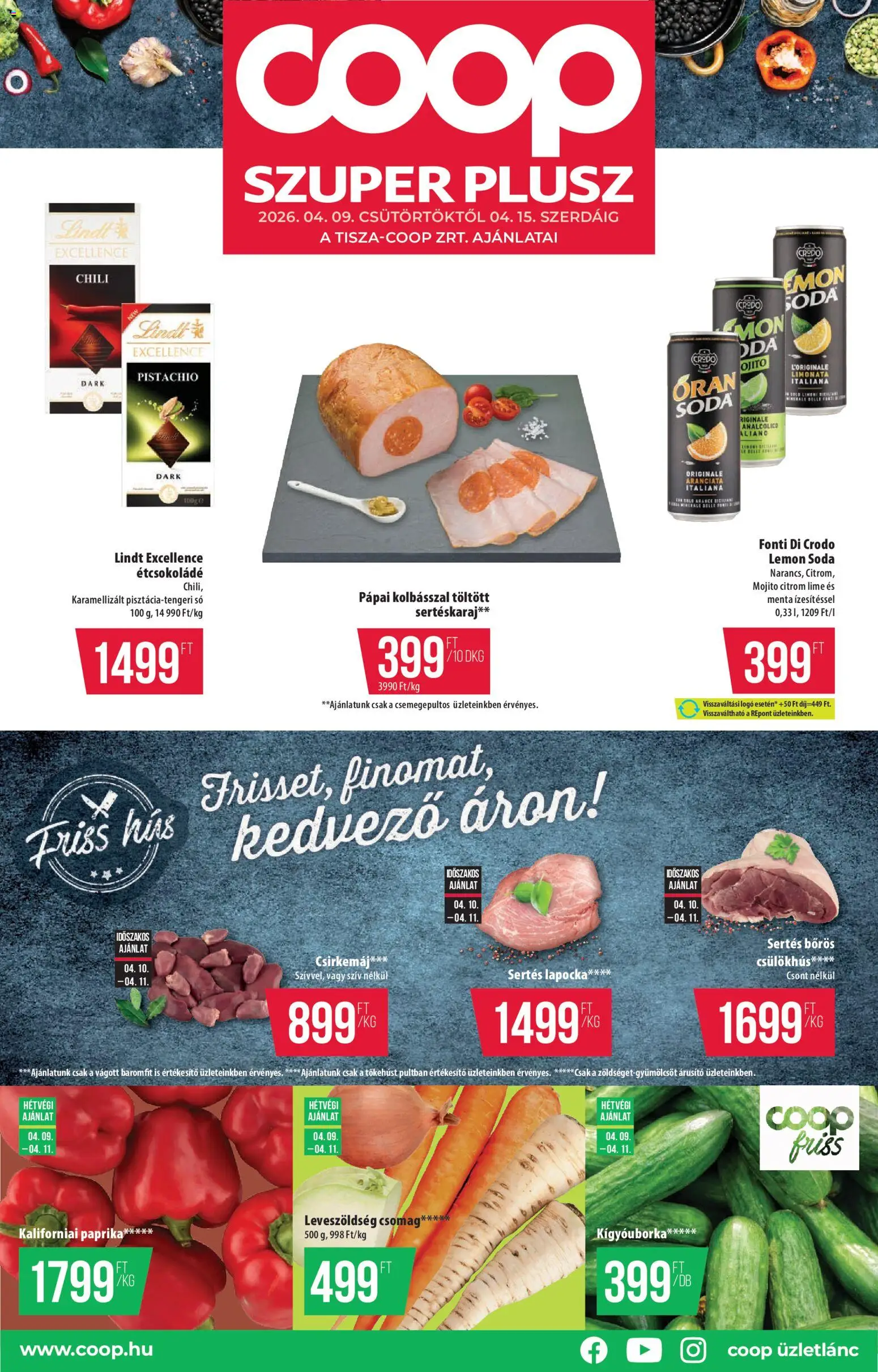 COOP akciós ujság - amely érvényes a következő dátumtól: 09.04.2026 | Oldal: 1 | Termékek: Sertés lapocka, Étcsokoládé, Csirkemáj, Citrom