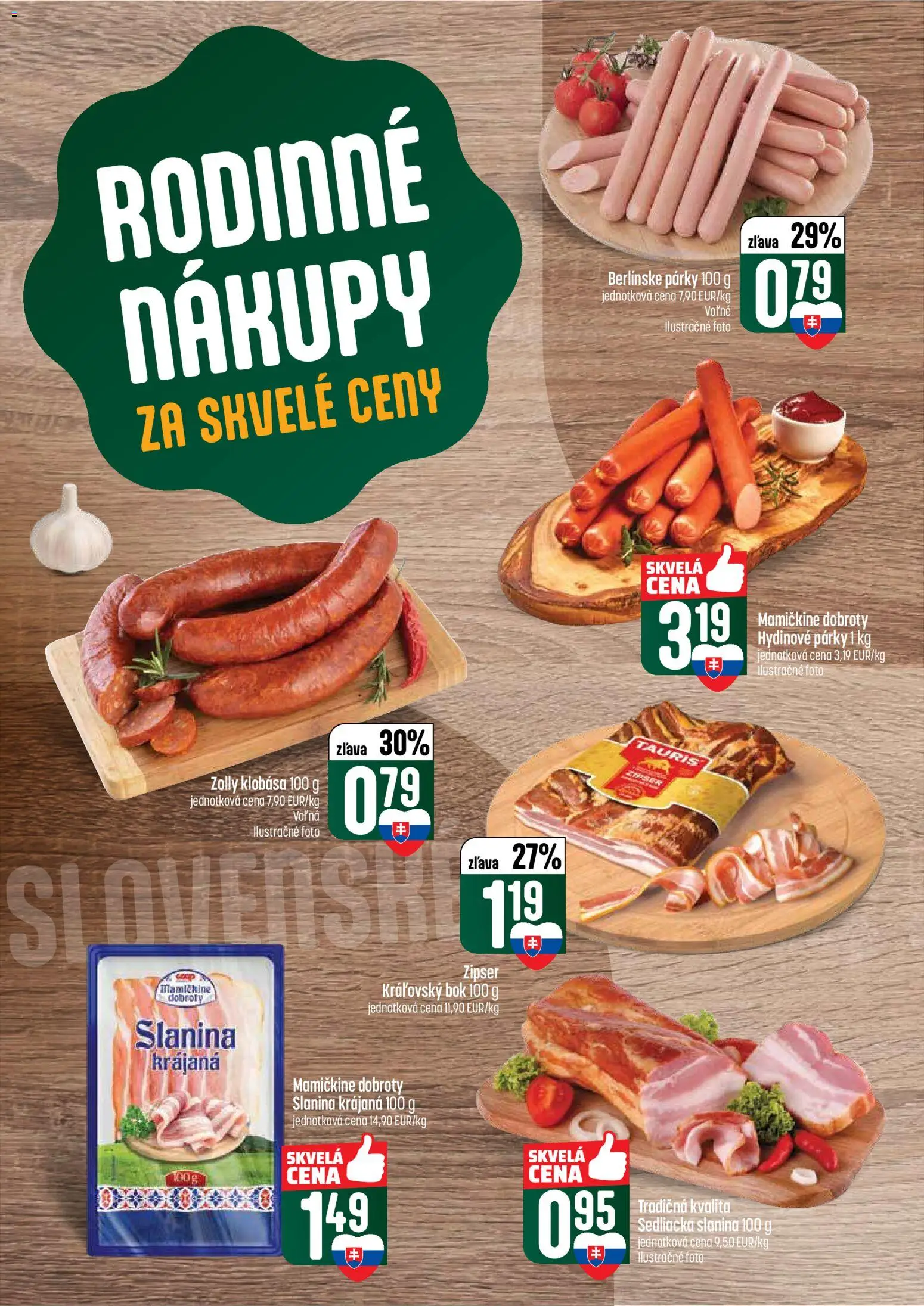 Nové COOP Jednota akcie – leták je platný od 09.04.2026 | Strana: 14 | Produkty: Slanina, Klobása, Párky