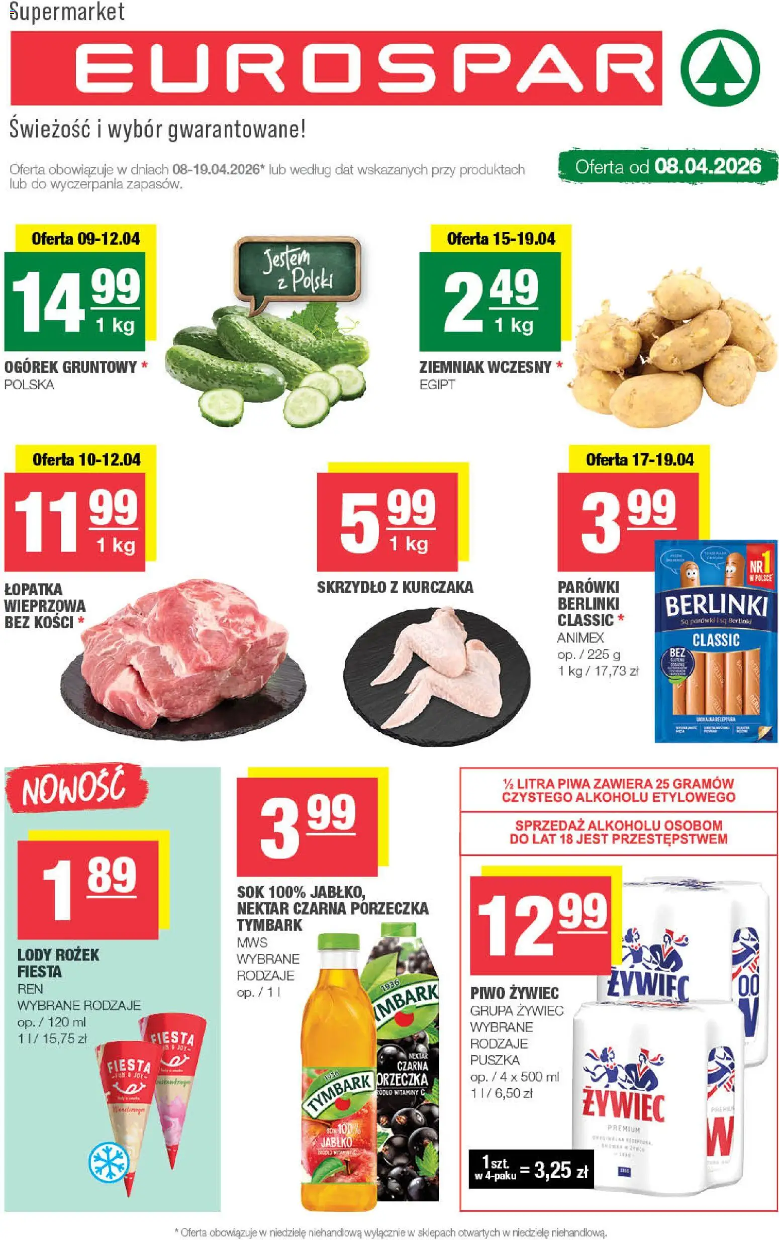 Spar gazetka - Eurospar od 08.04.2026 | Strona: 1 | Produkty: Parówki, Porzeczka, Sok, Piwo