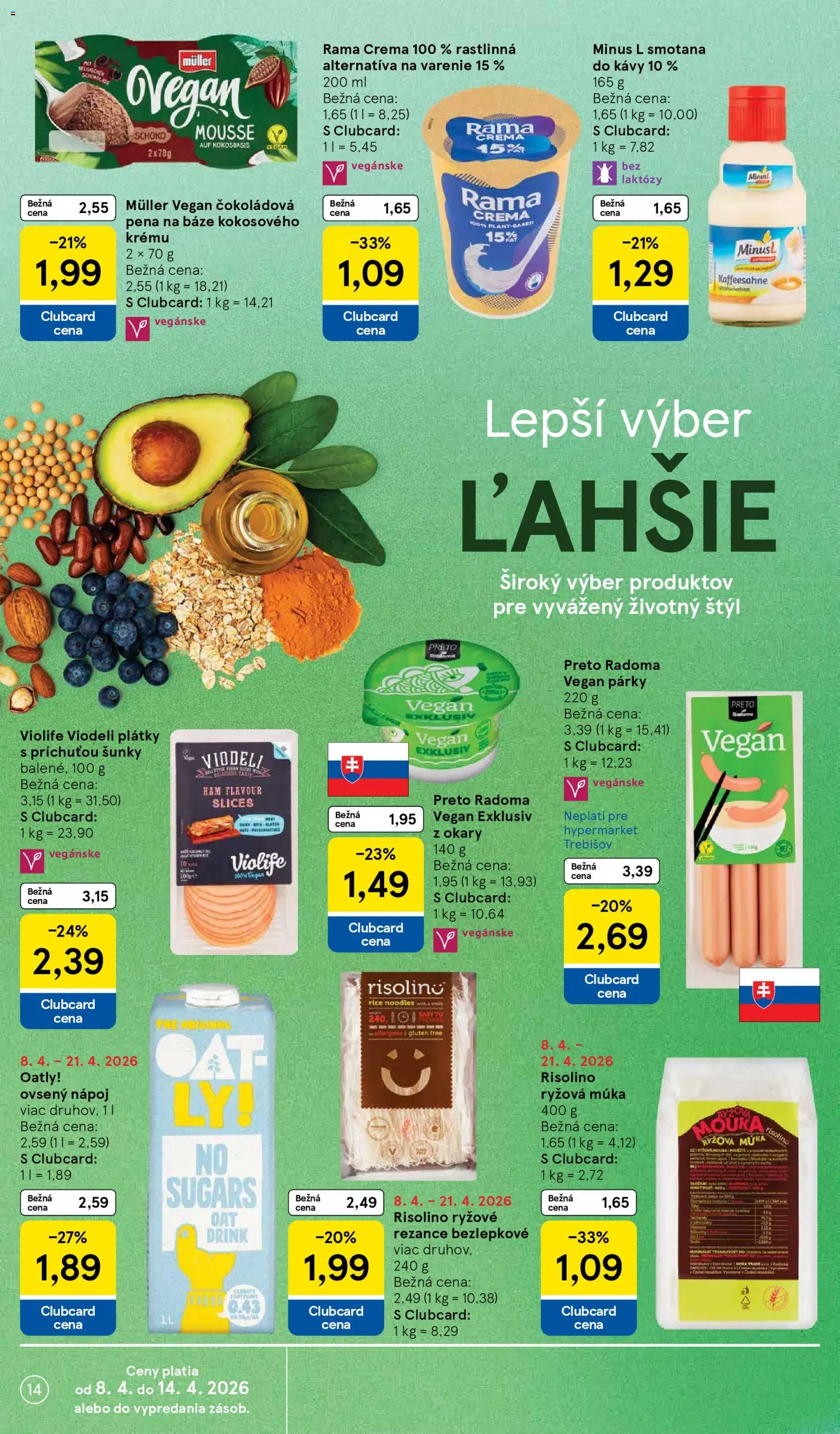 Nové Tesco akcie – leták je platný od 08.04.2026 | Strana: 14 | Produkty: Smotana, Rezance, Múka, Párky
