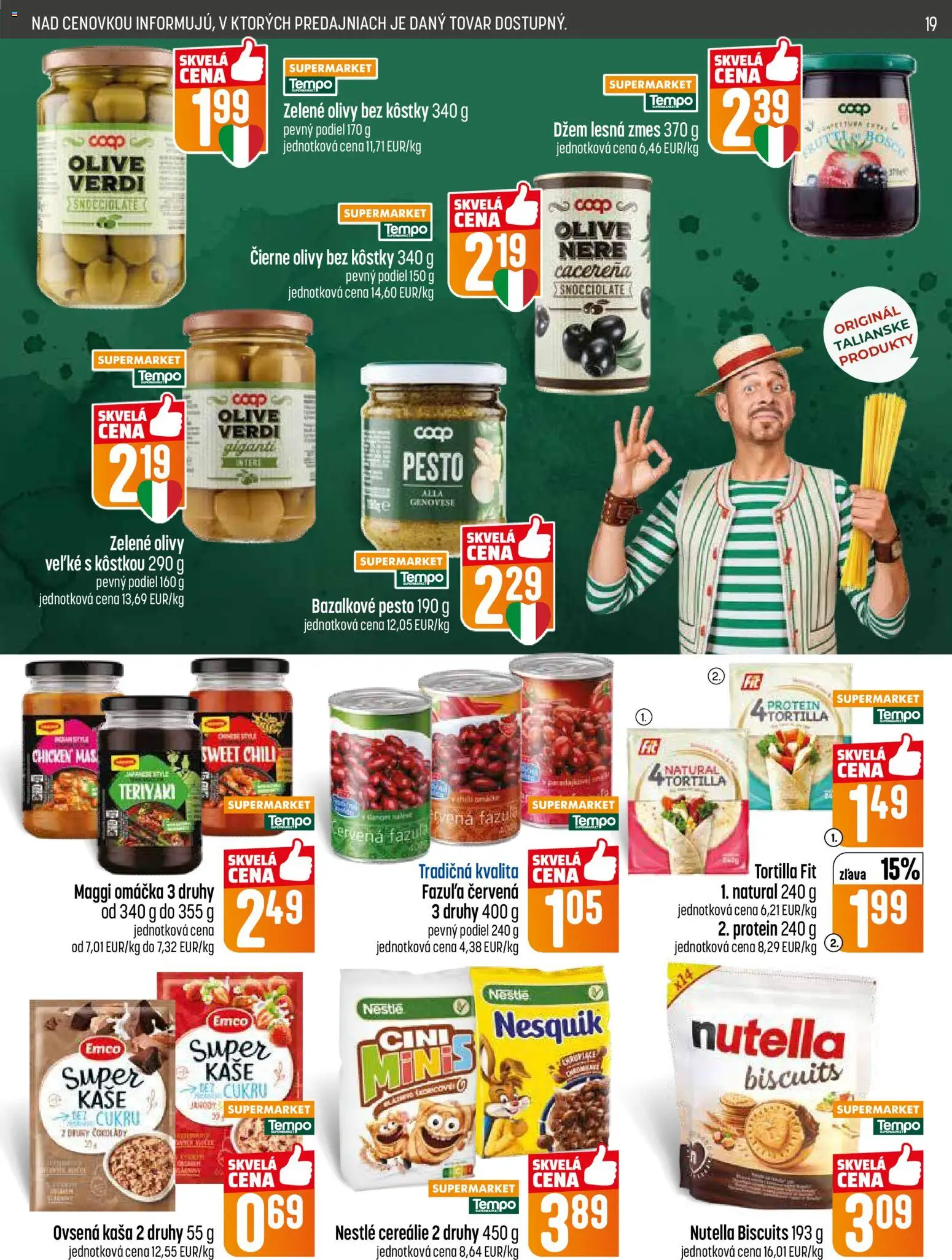 Nové COOP Jednota akcie – leták je platný od 09.04.2026 | Strana: 19 | Produkty: Tortilla, Protein, Cereálie, Nutella