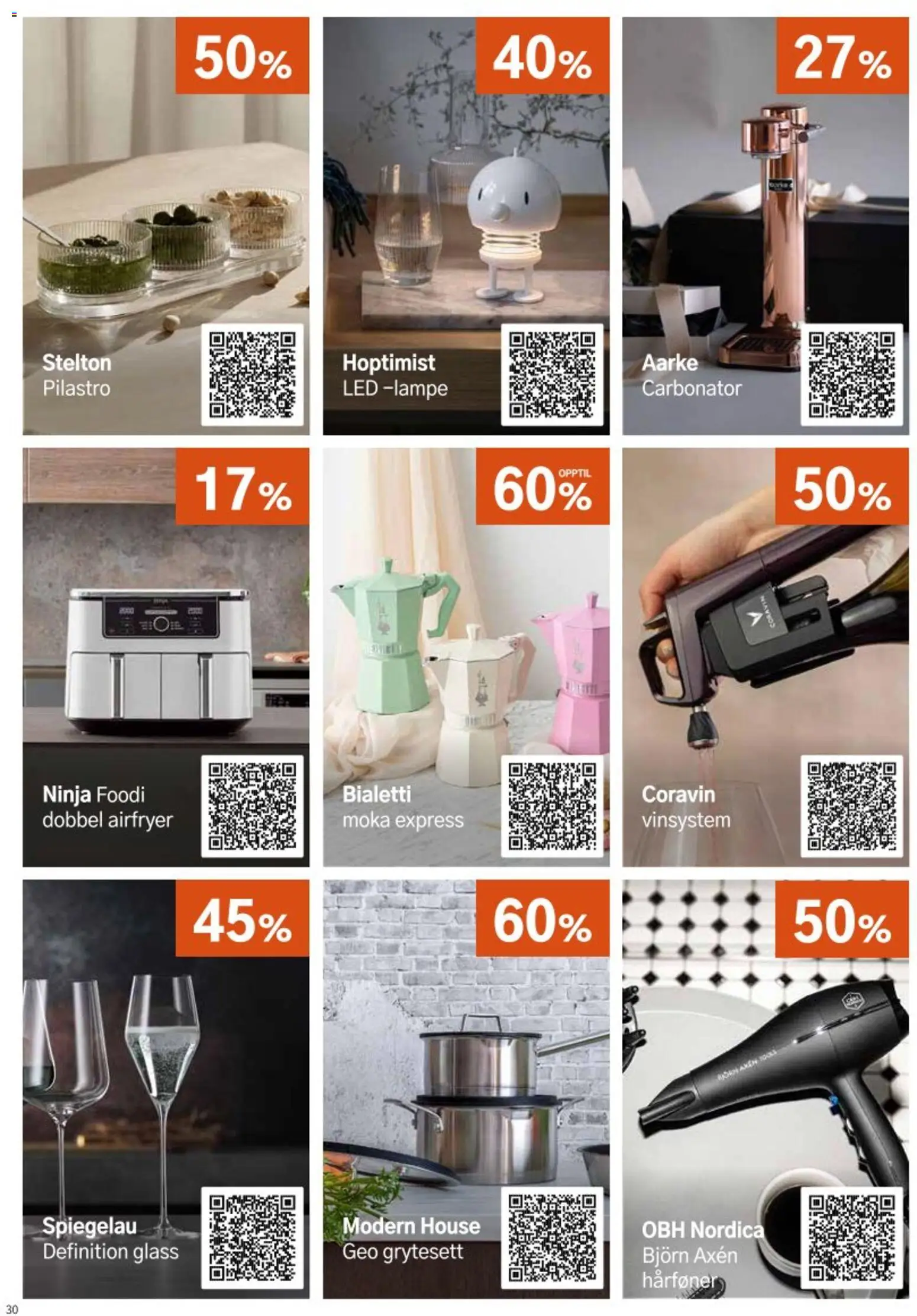 {H1} | Side: 30 | Produkter: Airfryer, Hårføner, Glass, Lampe