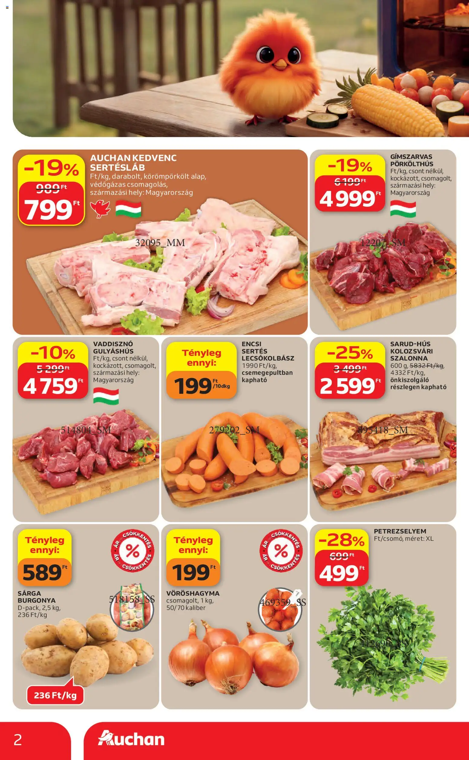 Auchan akciós ujság - amely érvényes a következő dátumtól: 16.04.2026 | Oldal: 2 | Termékek: Burgonya, Vöröshagyma, Szalonna, Lecsókolbász