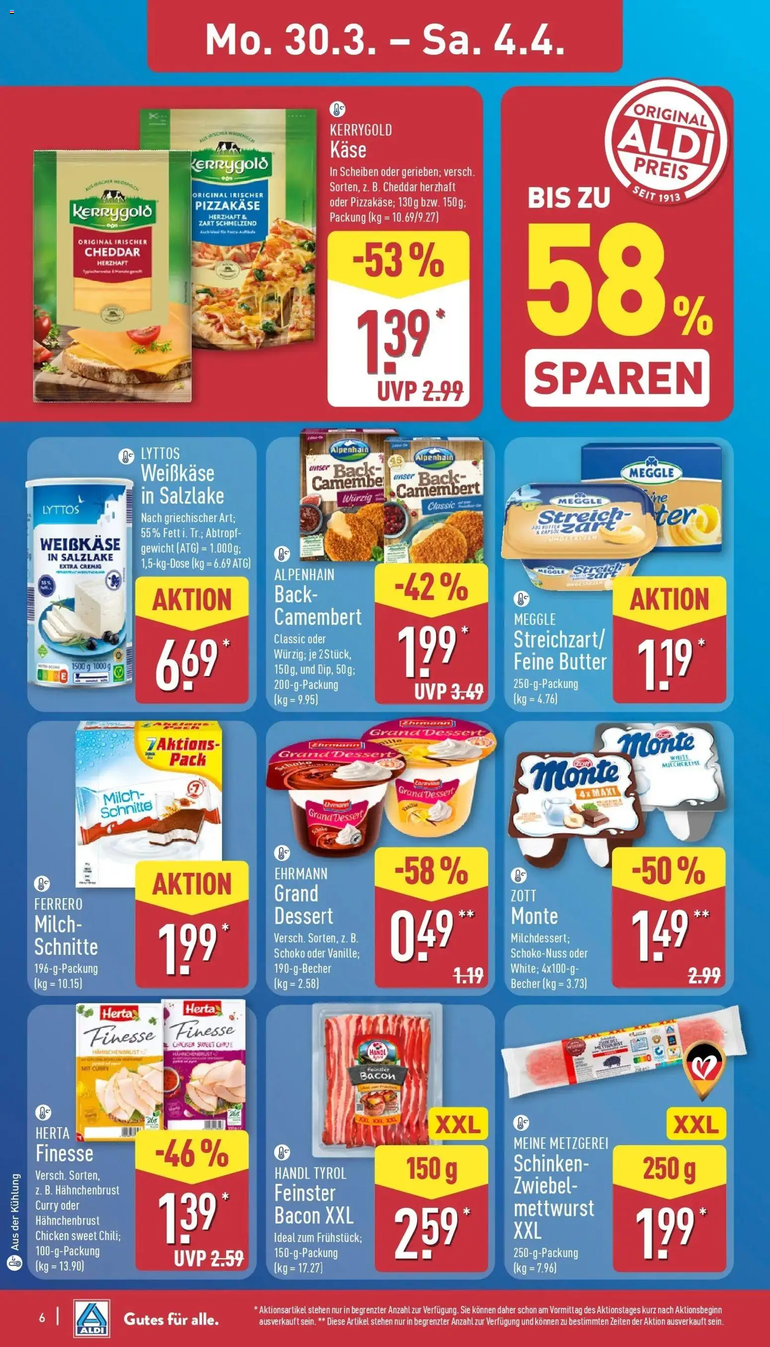 Aldi Wochenangebote – gültig ab 30.03.2026 | Seite: 6 | Produkte: Butter, Käse, Schinken, Herta finesse
