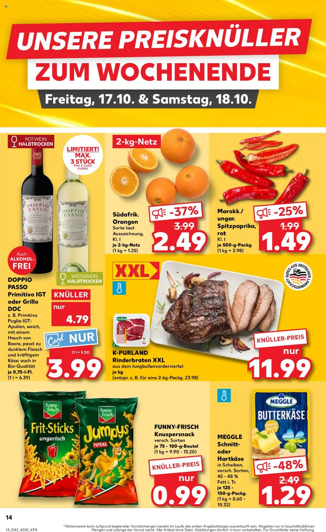 Kaufland prospekt Frankfurt (Oder)	 – gültig ab 16.10.2025 | Seite: 14 | Produkte: Rinderbraten, Rotwein, Paprika, Doppio Passo