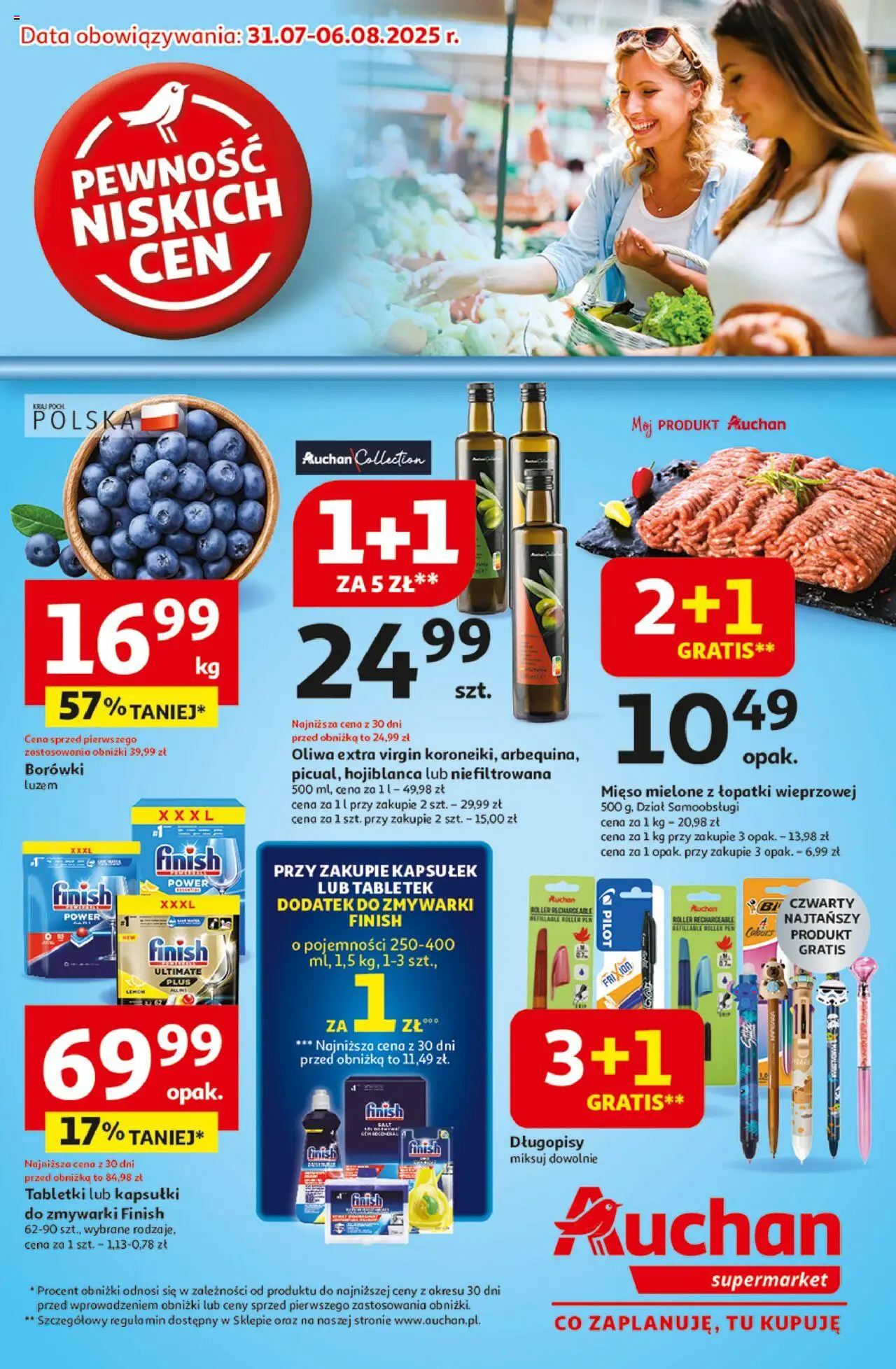 Auchan Gazetka od 31.07.2025 | Strona: 1 | Produkty: Mięso, Mięso mielone, Oliwa extra virgin, Finish