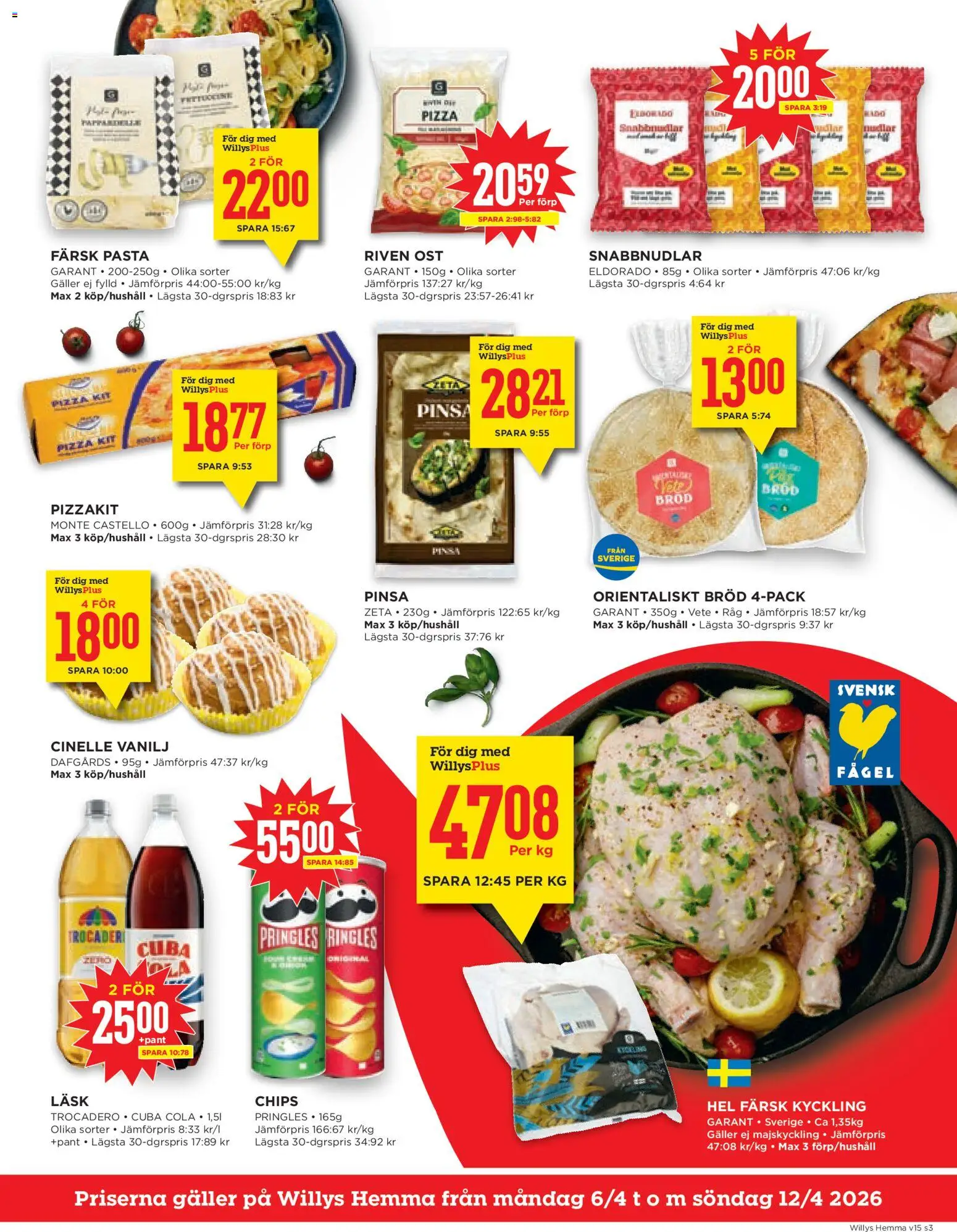 Willys reklamblad aktuell från 06.04.2026 | Sida: 3 | Produkter: Chips, Riven ost, Pizzakit, Pasta