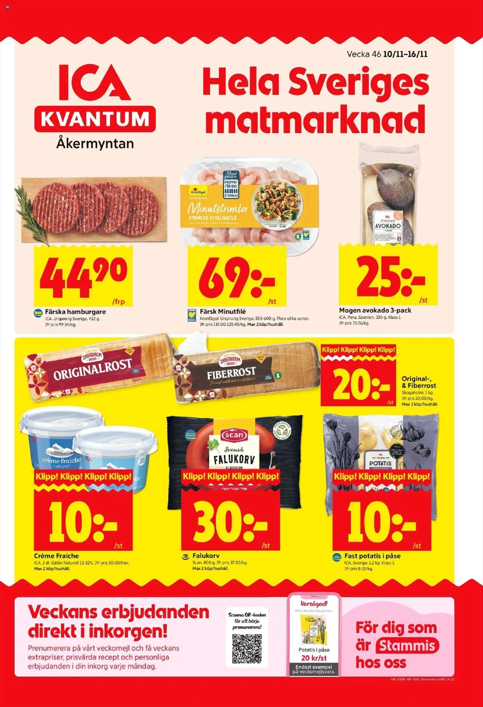 ICA Kvantum reklamblad aktuell från 10.11.2025 | Sida: 1 | Produkter: Hamburgare, Kycklingfile, Galler, Potatis