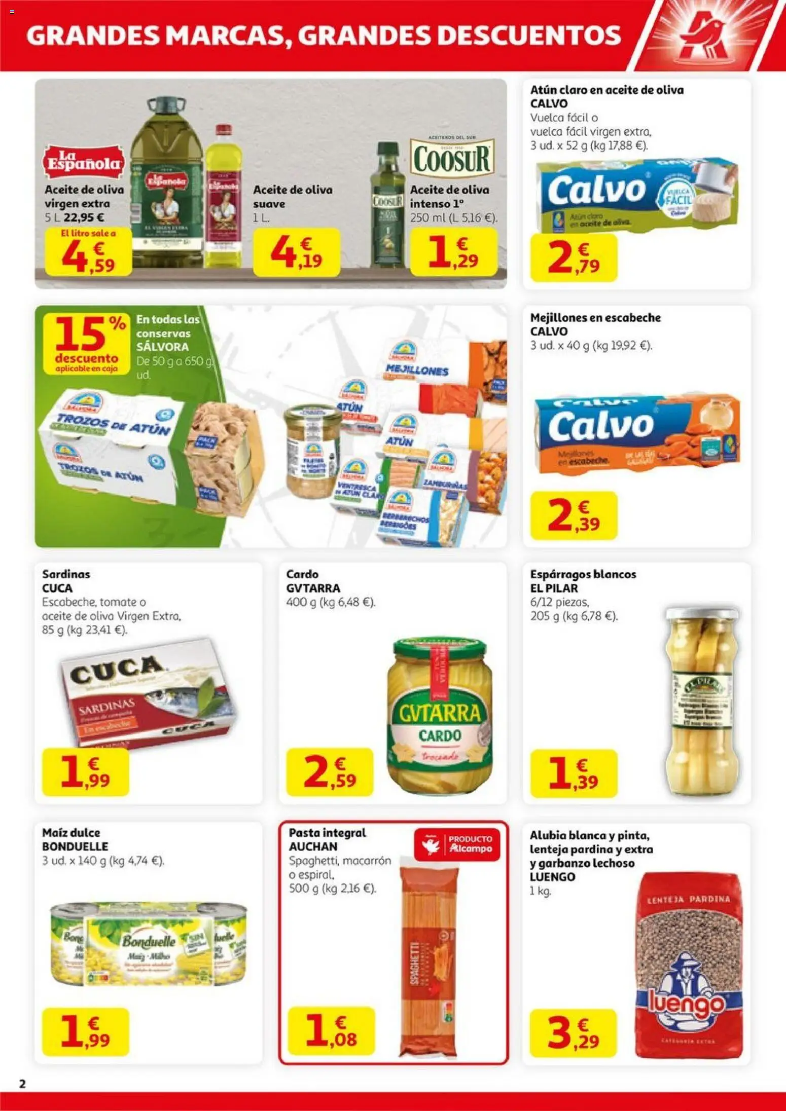 Alcampo - HP Nacional  │ válido desde el 23.10.2025 | Página: 2 | Productos: Νερό καρύδας, Pasta, Aceite de oliva, Atún claro