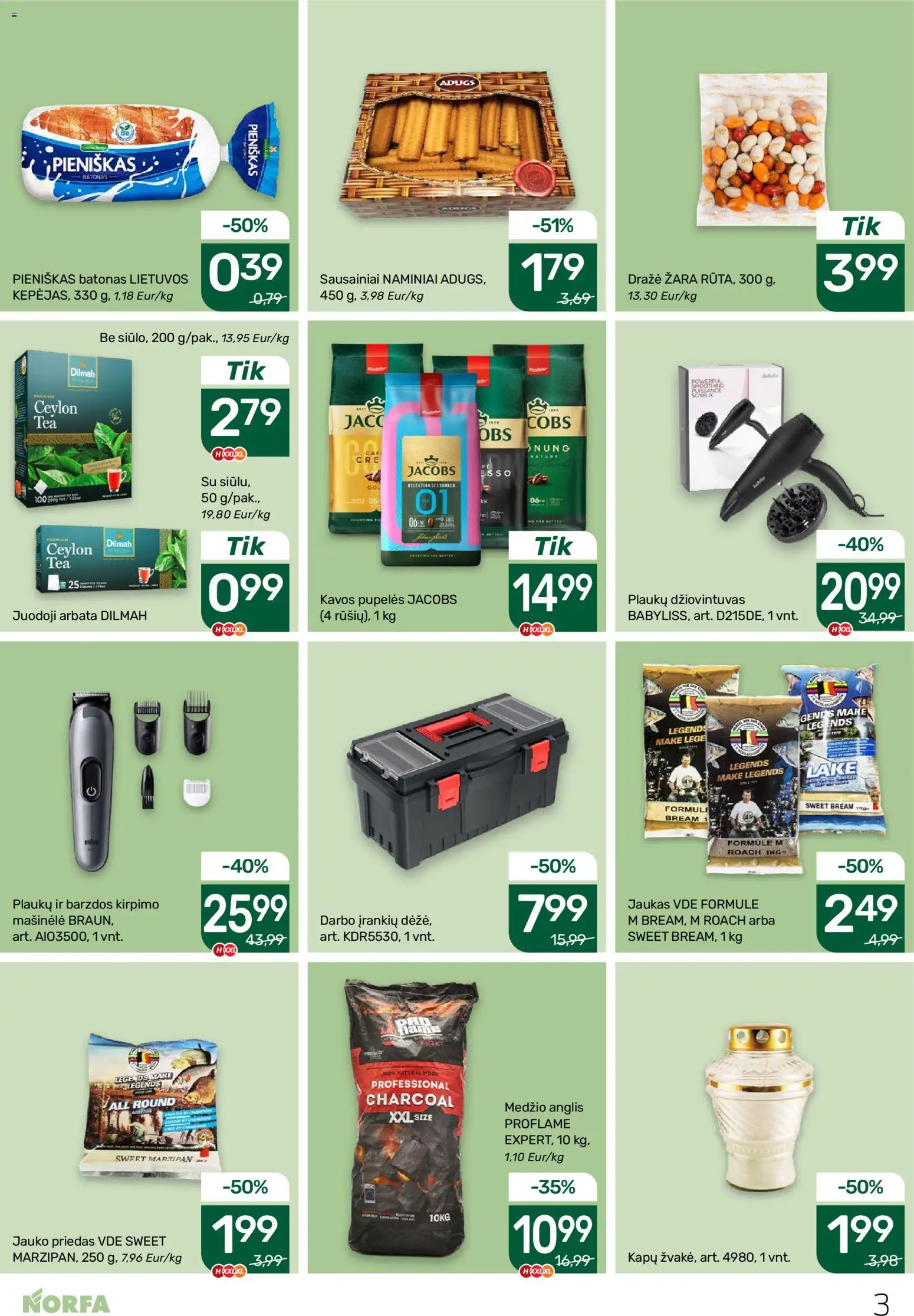 NORFA akcijos nuo 02.04.2026 | Puslapis: 3 | Prekių: Sausainiai, Batonas, Kavos pupelės, Arbata