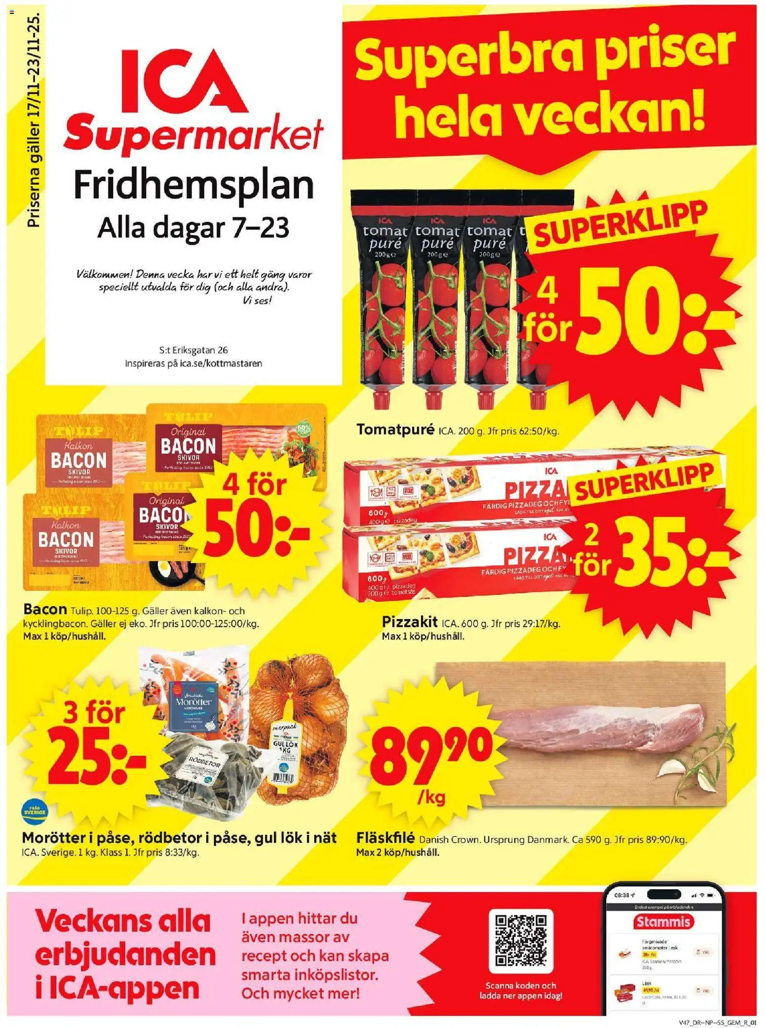 ICA Supermarket reklamblad aktuell från 17.11.2025 | Sida: 1 | Produkter: Gem, Bacon, Pizza, Gul lök