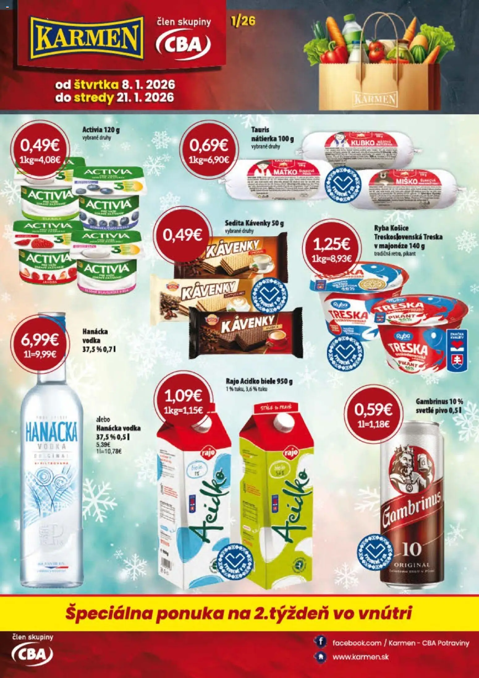 Nové KARMEN CBA akcie – leták je platný od 08.01.2026 | Strana: 1 | Produkty: Pivo, Acidko, Gambrinus, Treska