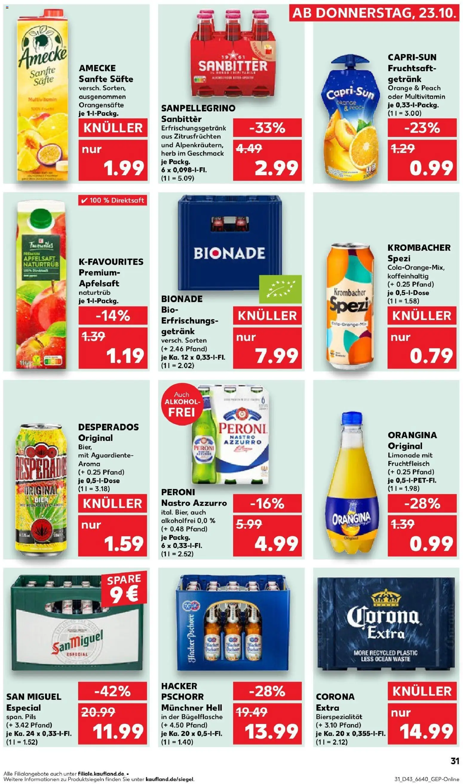 Kaufland prospekt Regensburg	 – gültig ab 23.10.2025 | Seite: 31 | Produkte: Cola, Pils, Bionade, Krombacher