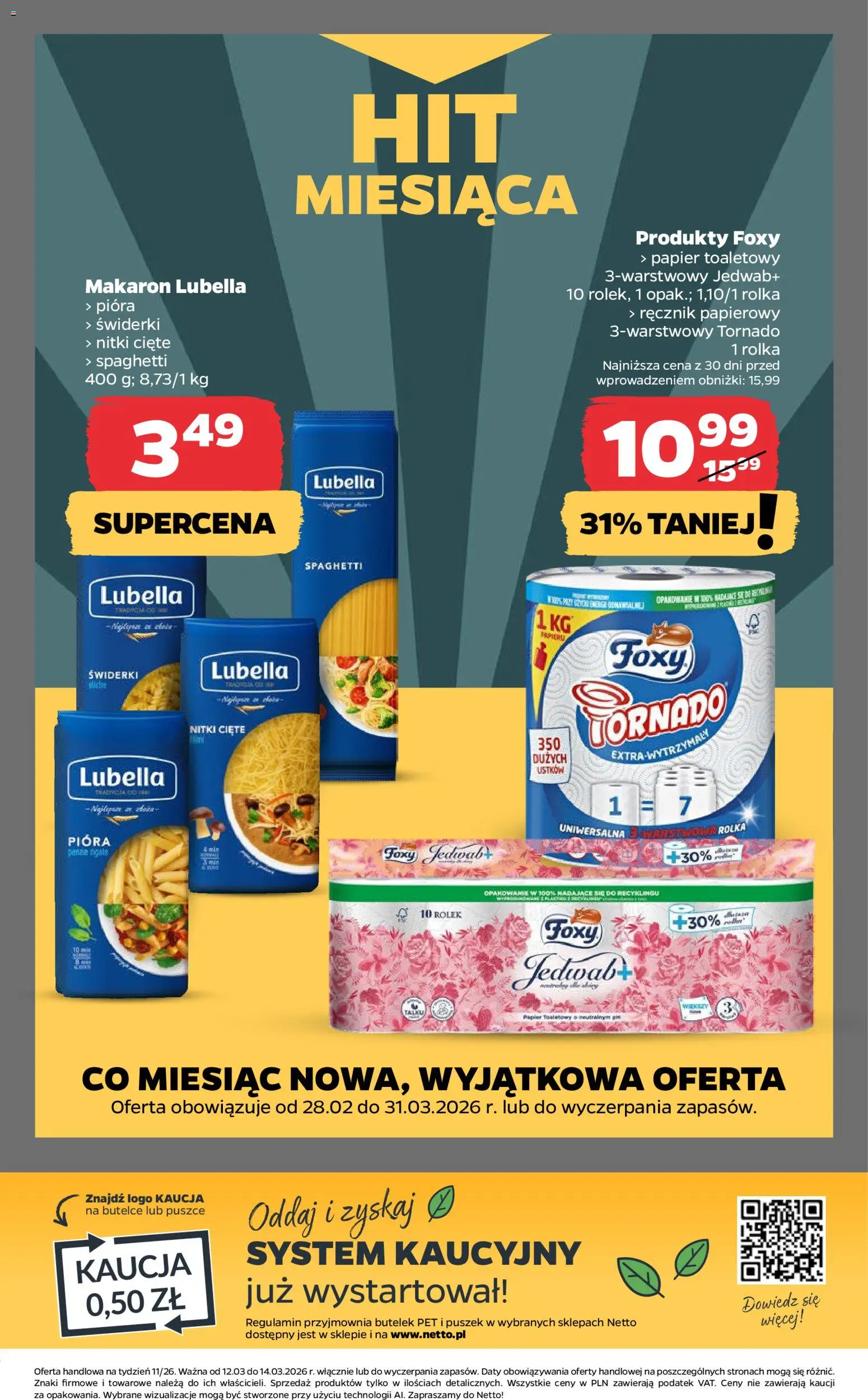 Netto gazetka od czwartku spożywcza od 12.03.2026 | Strona: 19 | Produkty: Papier toaletowy, Makaron, Ręcznik papierowy