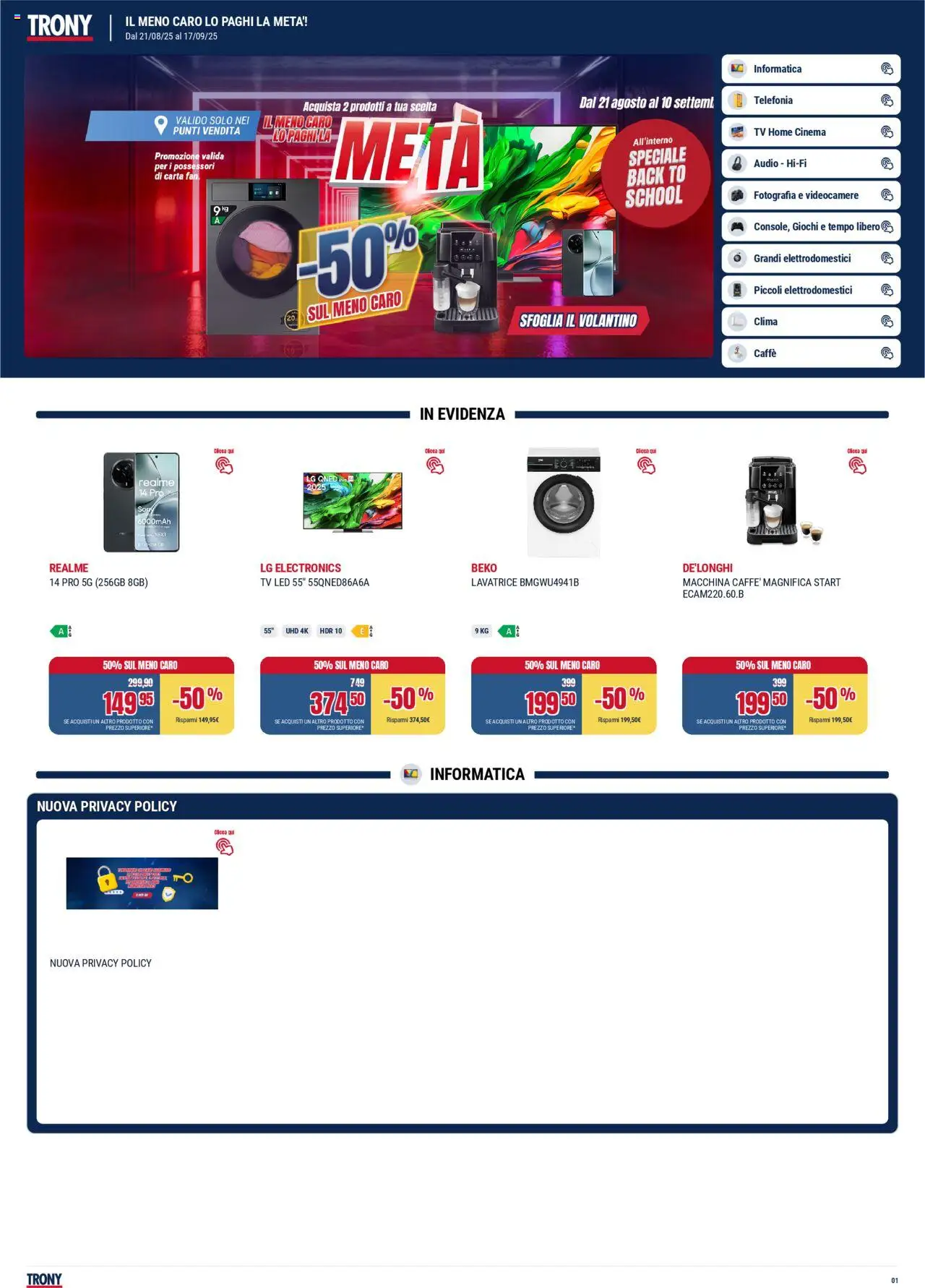 Volantino Trony del 21.08.2025 | Pagina: 1 | Prodotti: Caffè, Lavatrice, TV, Audio